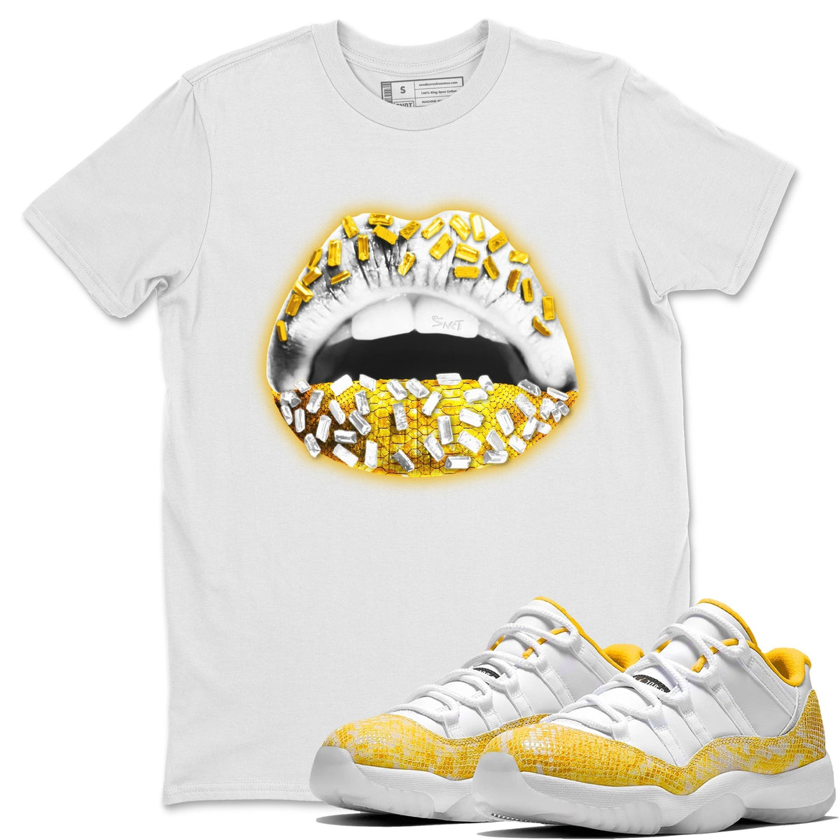 Jordan 11 Yellow Python Sneaker Matching T-Shirt Lips Jewel Sneaker Tees Jordan 11 Yellow Python Sneaker Release Tees Crew Neck Tees