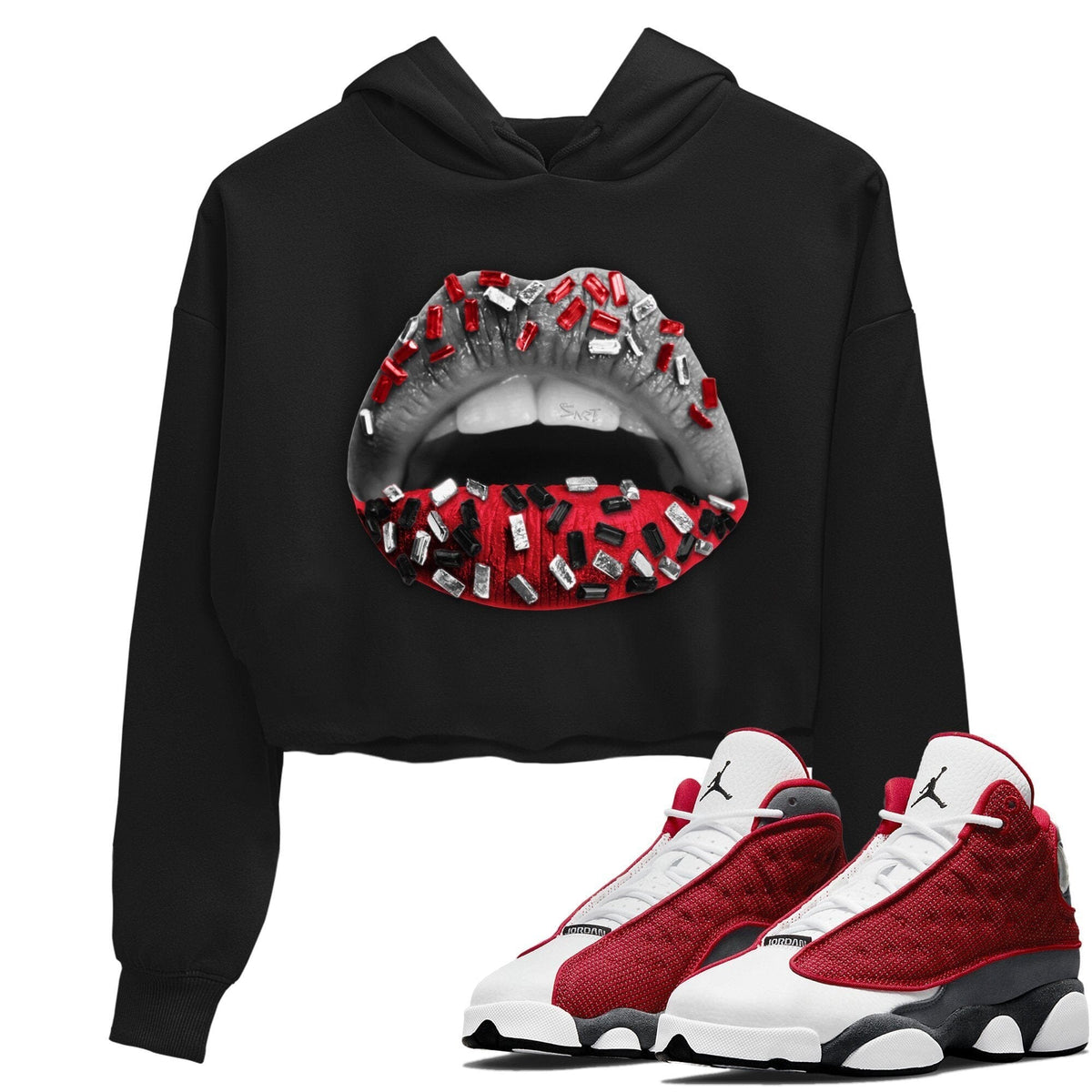 Jordan 13 Red Flint Sneaker Matching T-Shirt Lips Jewel Sneaker Tees Jordan 13 Red Flint Sneaker Release Tees Women's Shirts