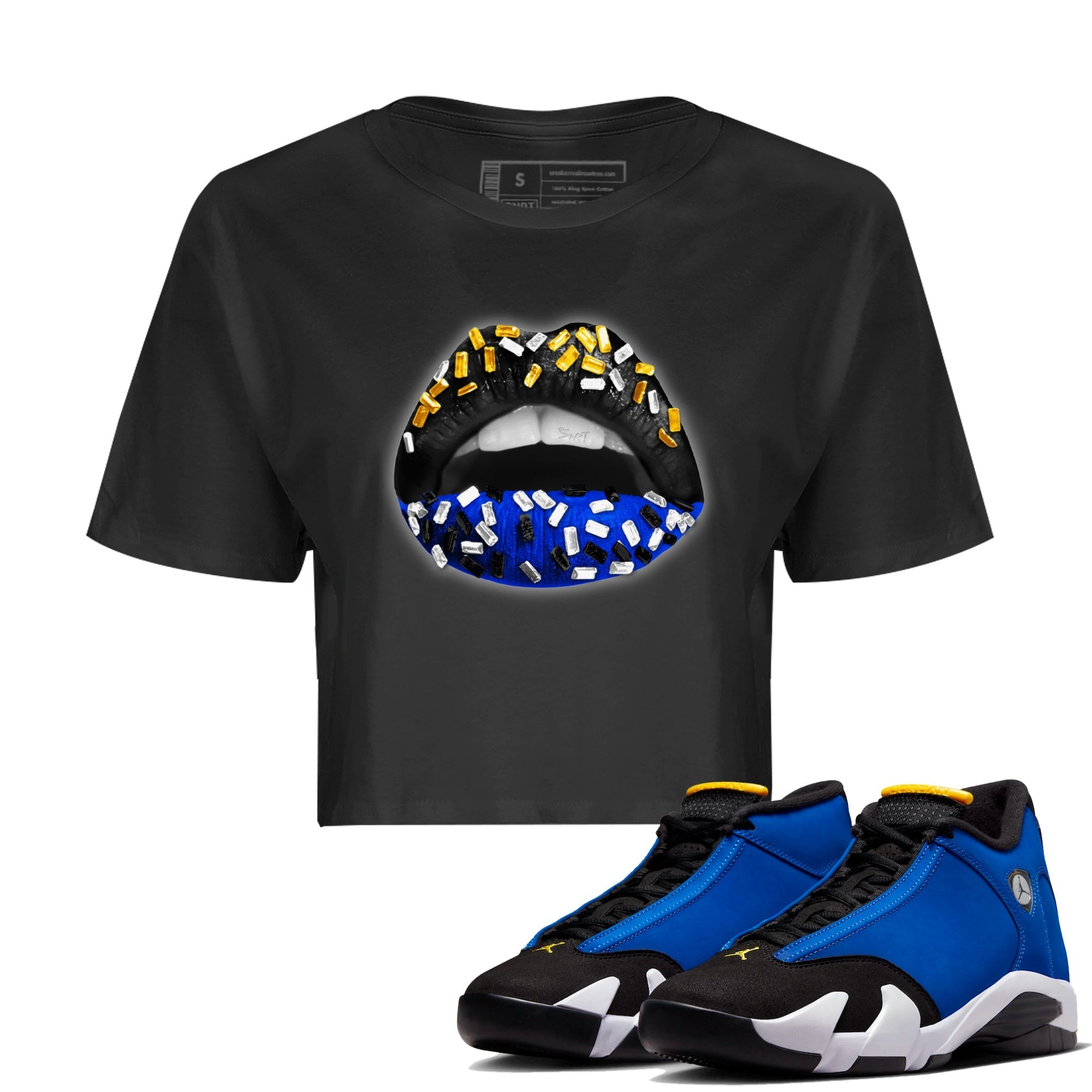 Air Jordan 14 Laney Sneaker Match Tees Lips Jewel Sneaker Tees Jordan 14 Laney Sneaker Release Tees Women's Shirts Black 1