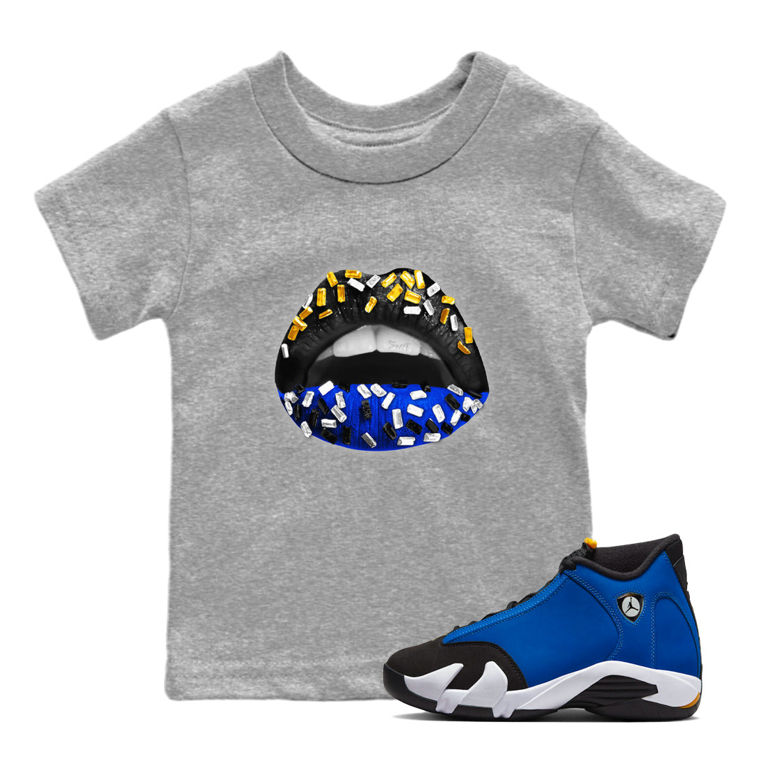 Air Jordan 14 Laney Sneaker Match Tees Lips Jewel Sneaker Tees Jordan 14 Laney Sneaker Release Tees Kids Shirts Heather Grey 1