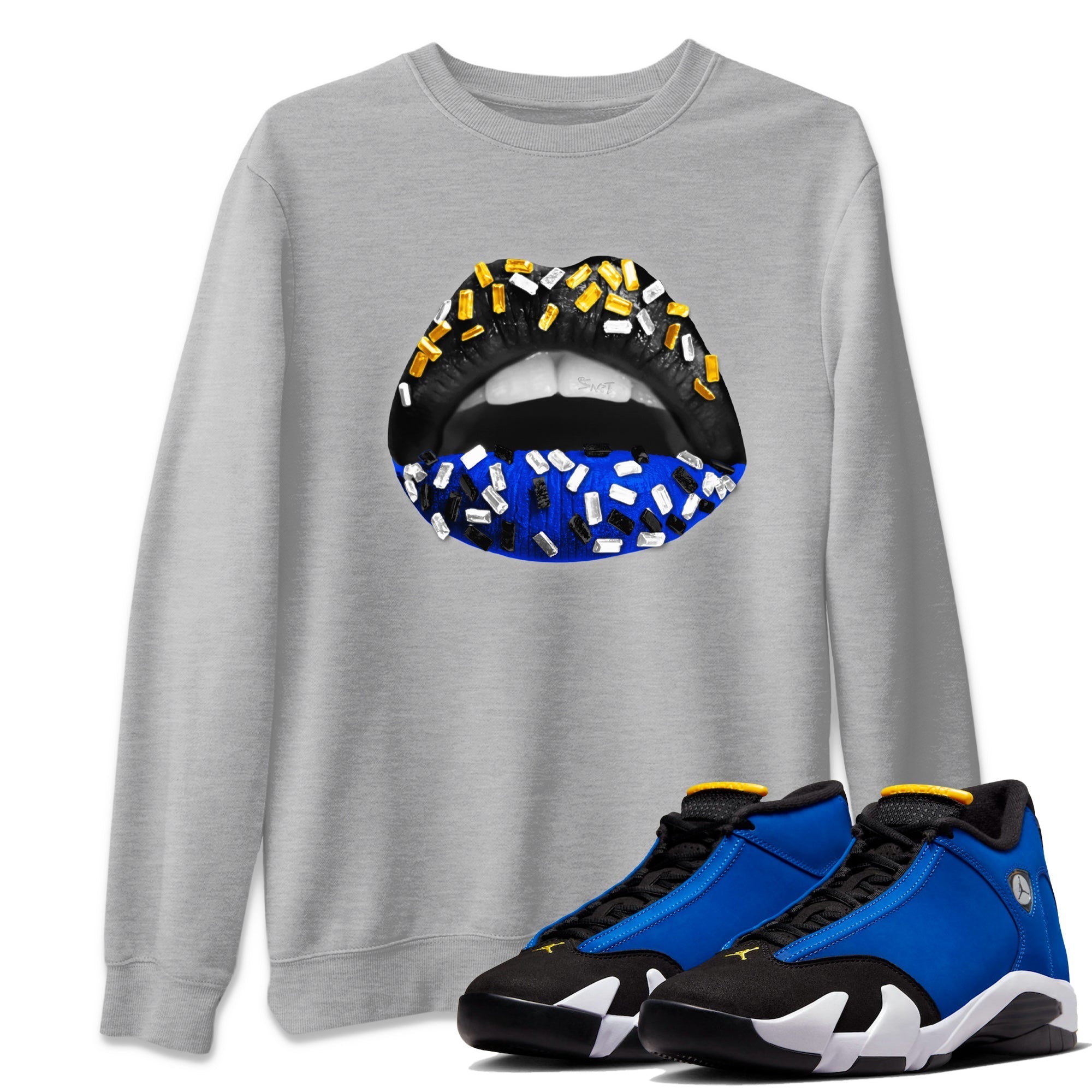 Air Jordan 14 Laney Sneaker Match Tees Lips Jewel Sneaker Tees Jordan 14 Laney Sneaker Release Tees Unisex Shirts Heather Grey 1