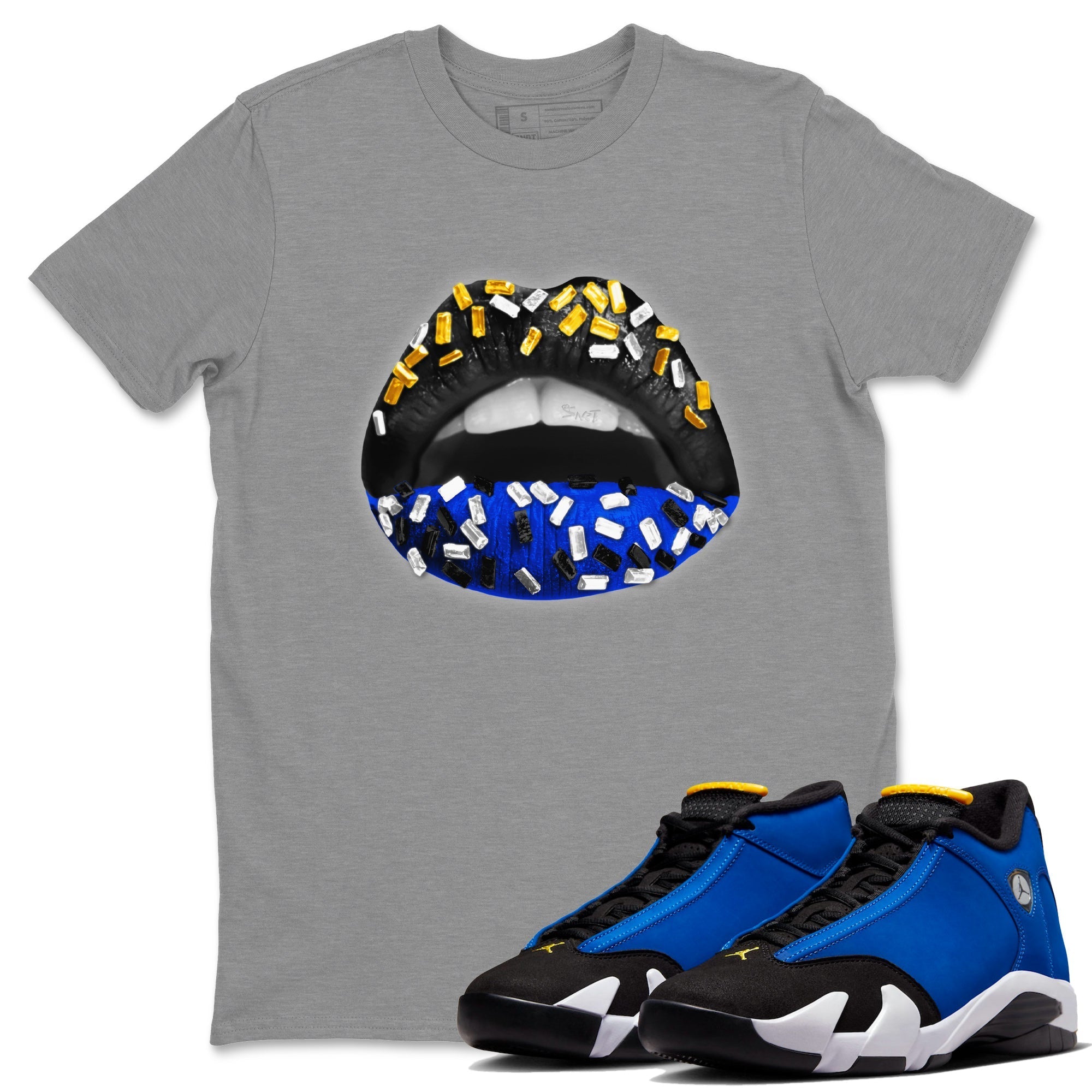 Air Jordan 14 Laney Sneaker Match Tees Lips Jewel Sneaker Tees Jordan 14 Laney Sneaker Release Tees Unisex Shirts Heather Grey 1