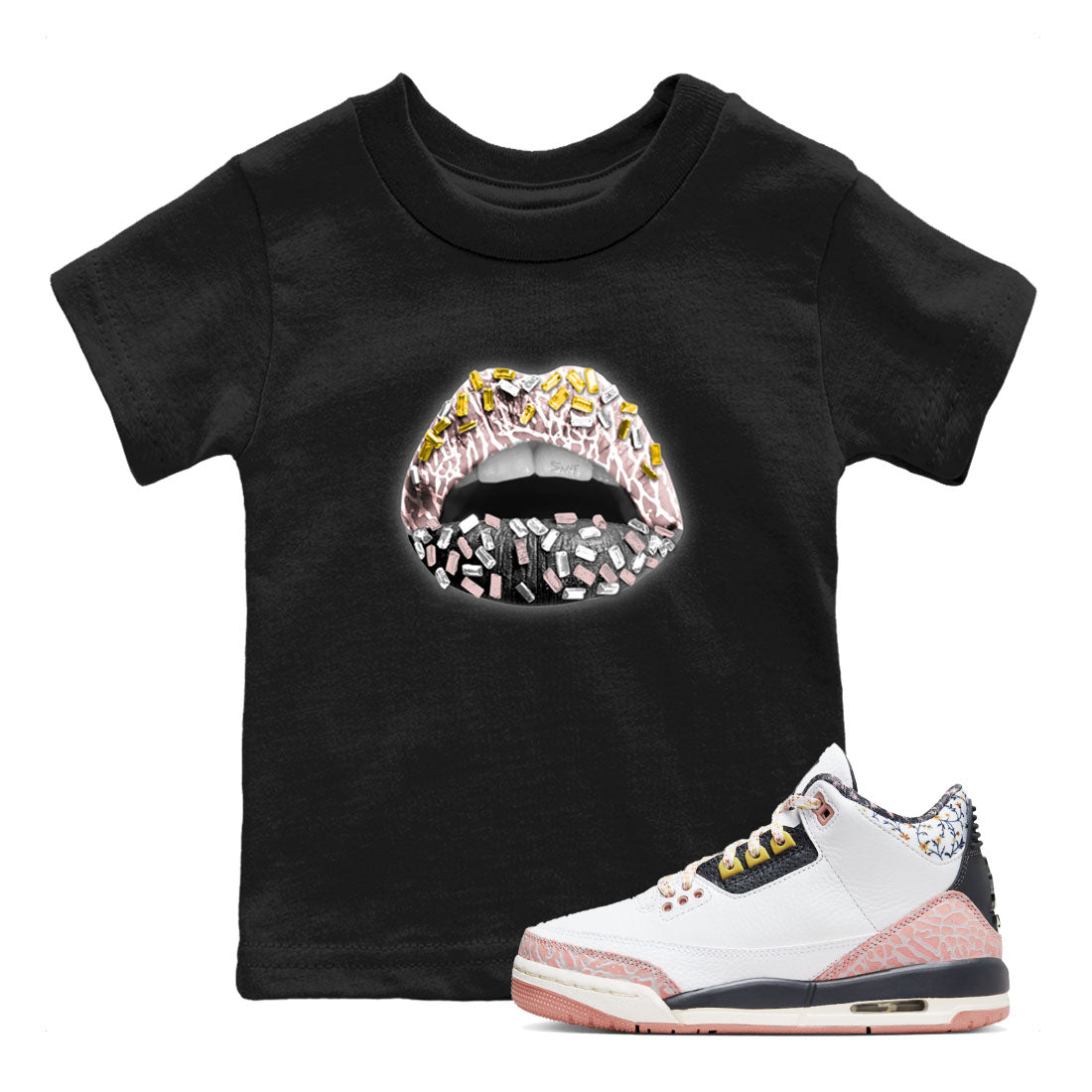 Air Jordan 3 GS Vintage Floral shirt to match jordans Lips Jewel sneaker tees 3s Vintage Floral Drip Gear Zone baby toddler Black 1 cotton Shirt