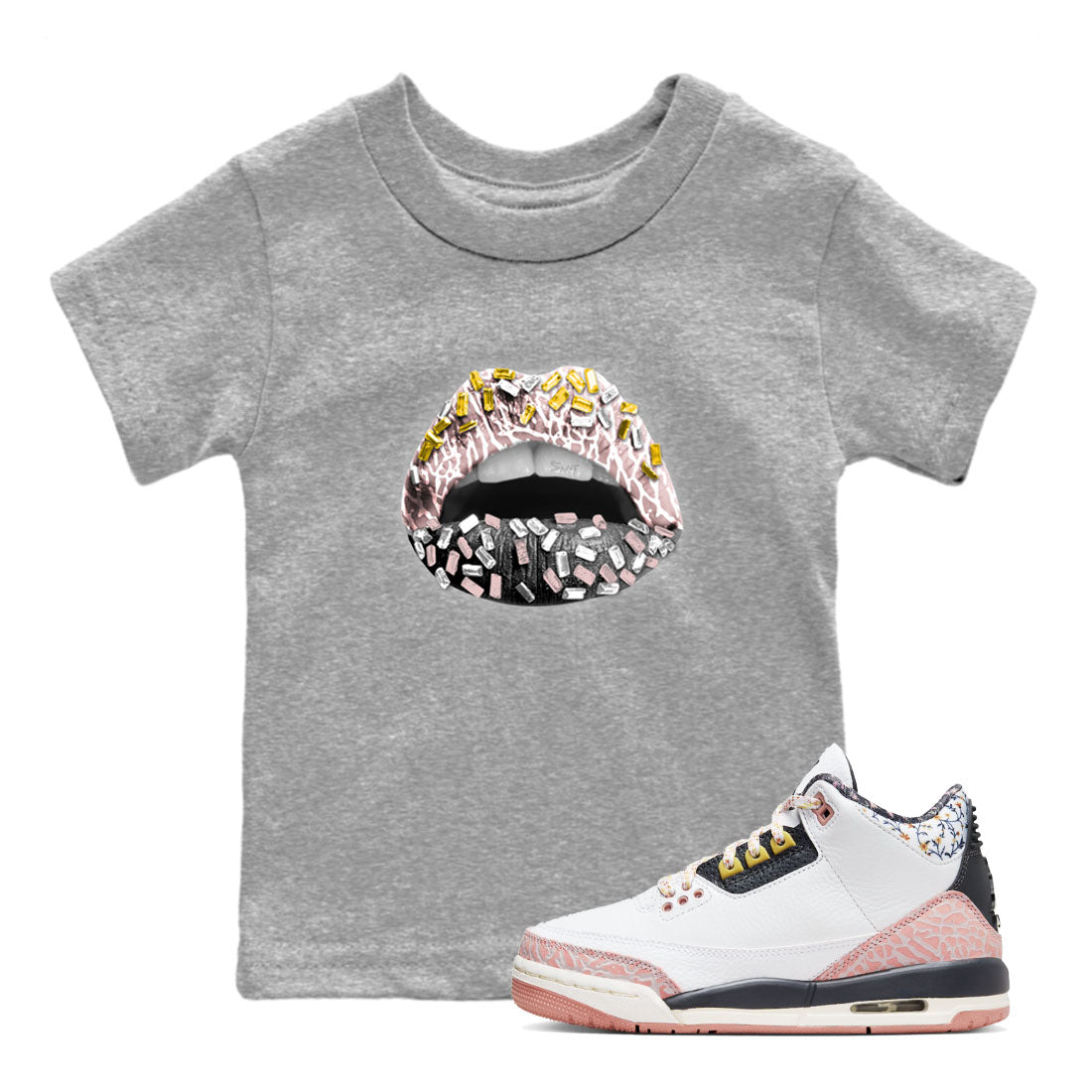 Air Jordan 3 GS Vintage Floral shirt to match jordans Lips Jewel sneaker tees 3s Vintage Floral Drip Gear Zone baby toddler Heather Grey 1 cotton Shirt