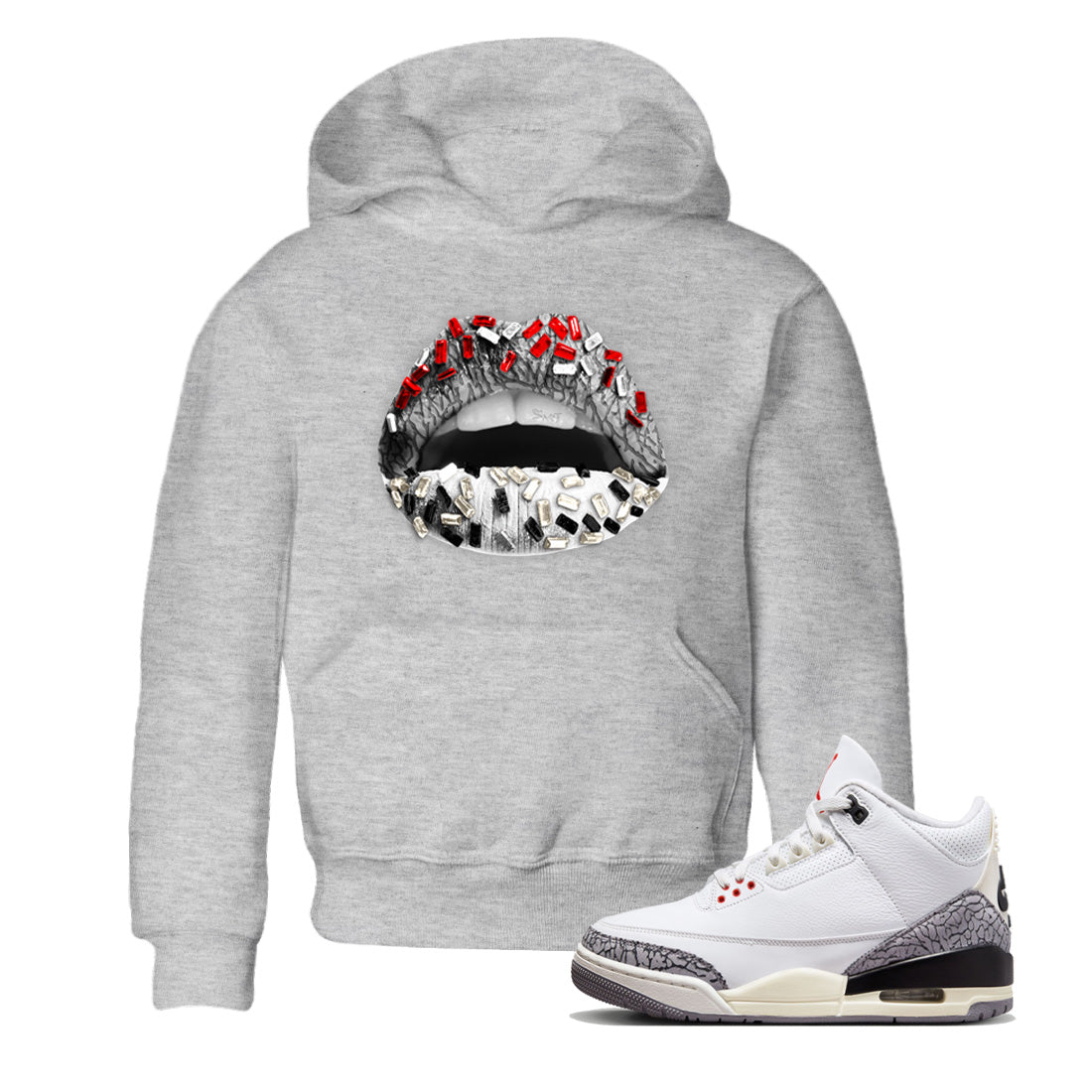 Air Jordan 3 White Cement Shirt To Match Jordans Lips Jewel Sneaker Tees Air Jordan 3 Retro White Cement Drip Gear Zone Sneaker Matching Clothing Kids Shirts Heather Grey 1