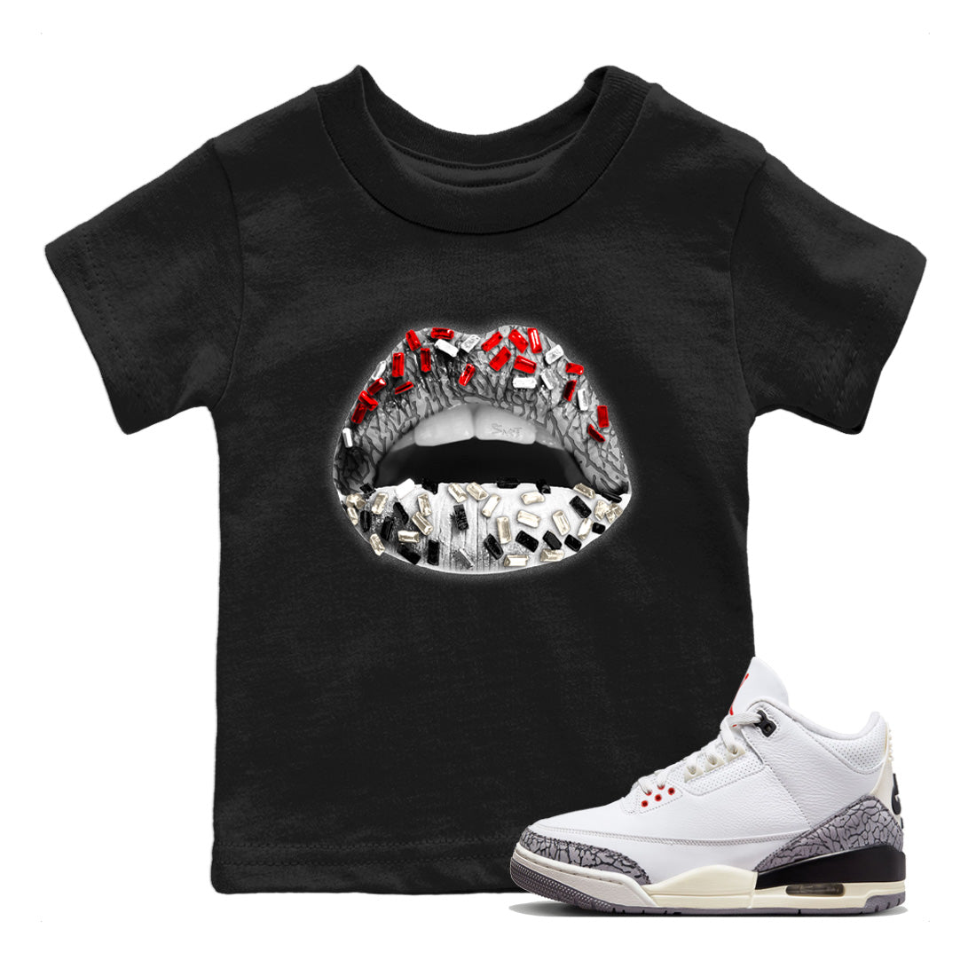 Air Jordan 3 White Cement Shirt To Match Jordans Lips Jewel Sneaker Tees Air Jordan 3 Retro White Cement Drip Gear Zone Sneaker Matching Clothing Kids Shirts Black 1