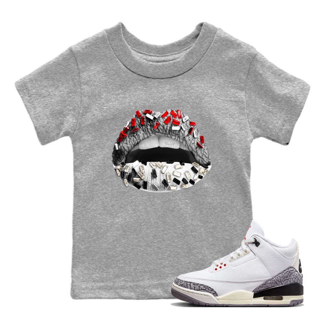Air Jordan 3 White Cement Lips Jewel Baby and Kids Sneaker Tees Air Jordan 3 Retro White Cement Kids Sneaker Tees Size Chart