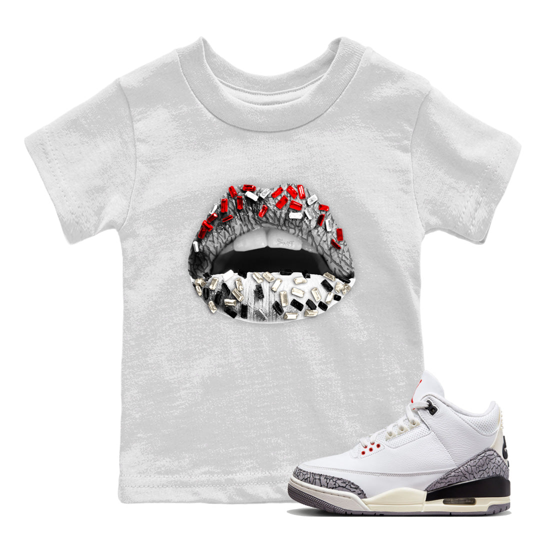 Air Jordan 3 White Cement Shirt To Match Jordans Lips Jewel Sneaker Tees Air Jordan 3 Retro White Cement Drip Gear Zone Sneaker Matching Clothing Kids Shirts White 1