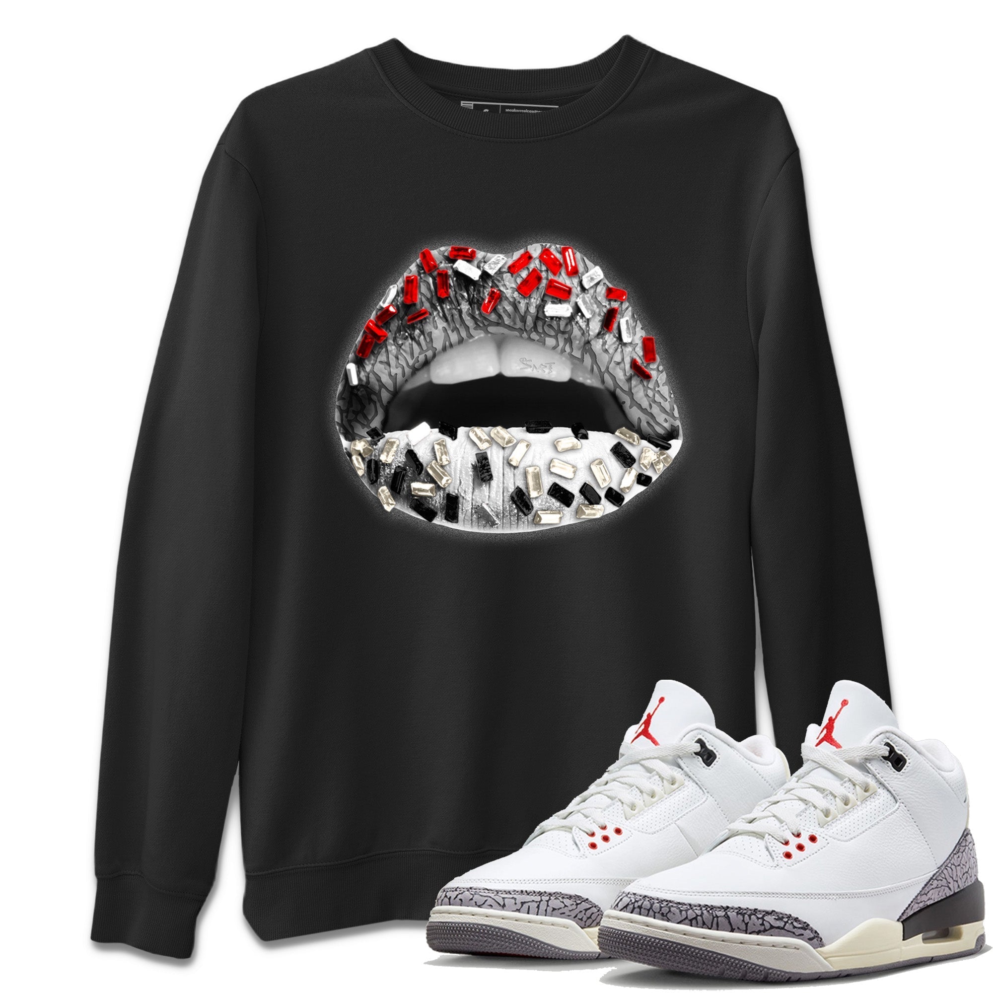 Air Jordan 3 White Cement Shirt To Match Jordans Lips Jewel Sneaker Tees Air Jordan 3 Retro White Cement Drip Gear Zone Sneaker Matching Clothing Unisex Shirts Black 1