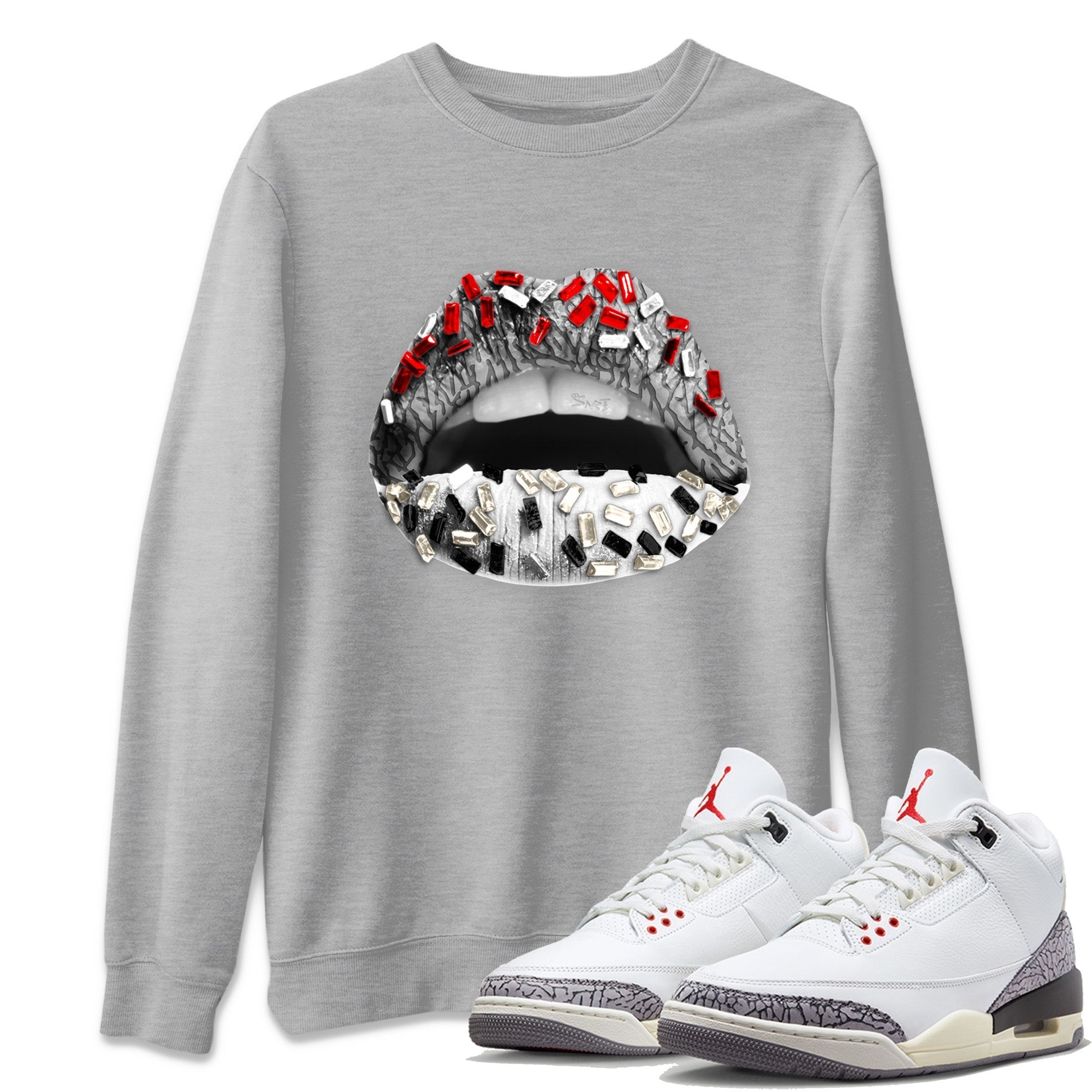 Air Jordan 3 White Cement Shirt To Match Jordans Lips Jewel Sneaker Tees Air Jordan 3 Retro White Cement Drip Gear Zone Sneaker Matching Clothing Unisex Shirts Heather Grey 1