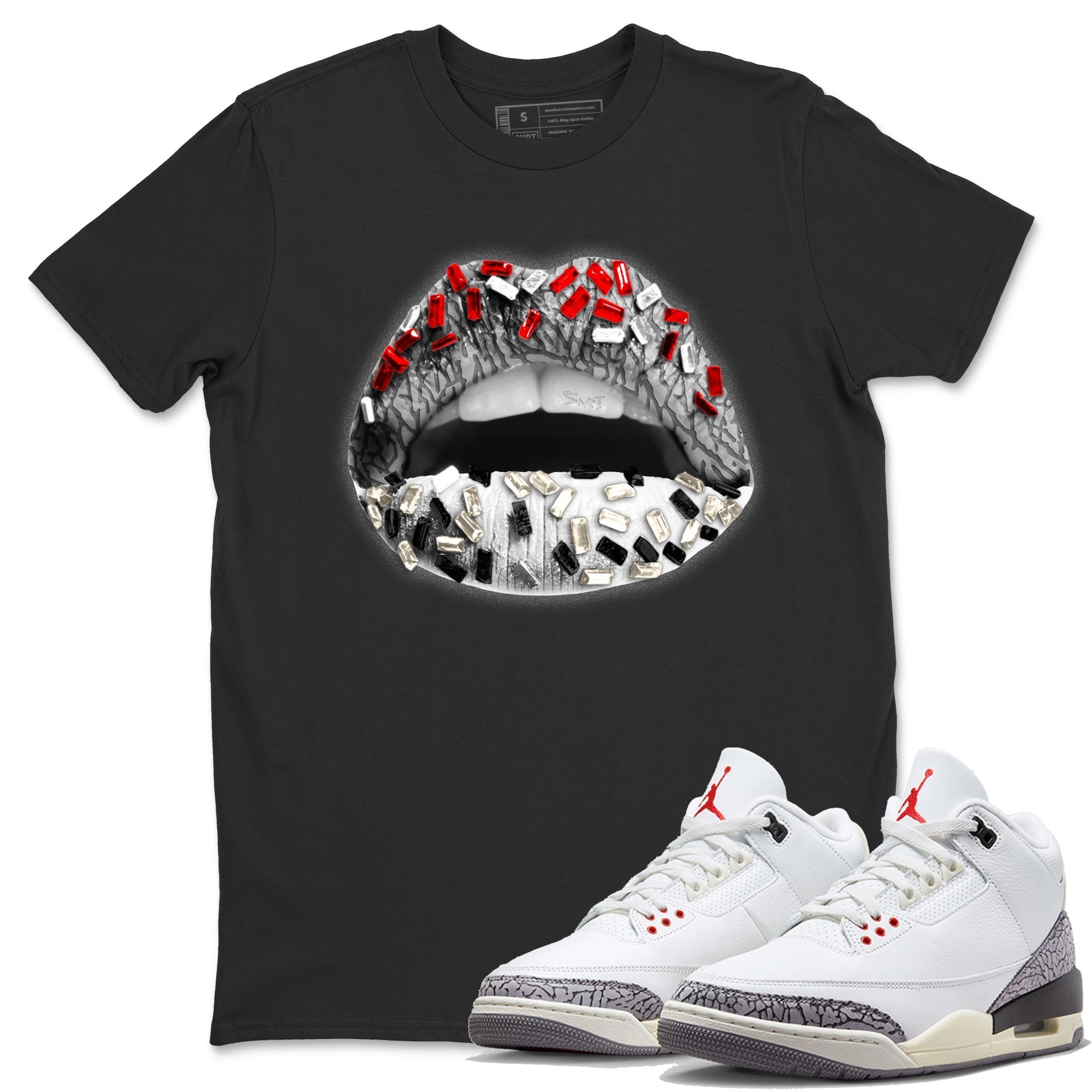 Air Jordan 3 White Cement Shirt To Match Jordans Lips Jewel Sneaker Tees Air Jordan 3 Retro White Cement Drip Gear Zone Sneaker Matching Clothing Unisex Shirts Black 1