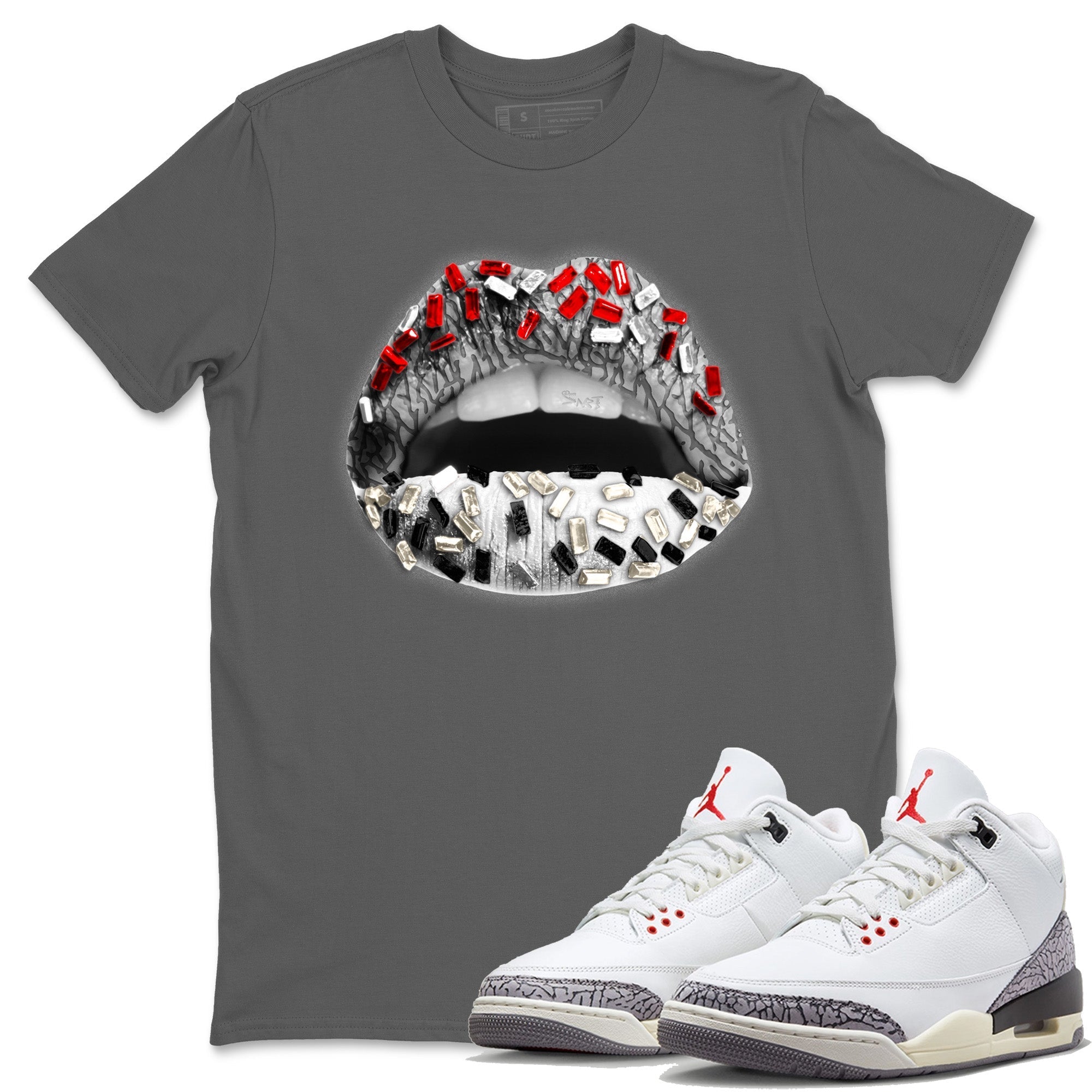 Air Jordan 3 White Cement Lips Jewel Crew Neck Sneaker Tees Air Jordan 3 Retro White Cement Sneaker T-Shirts Washing and Care Tip