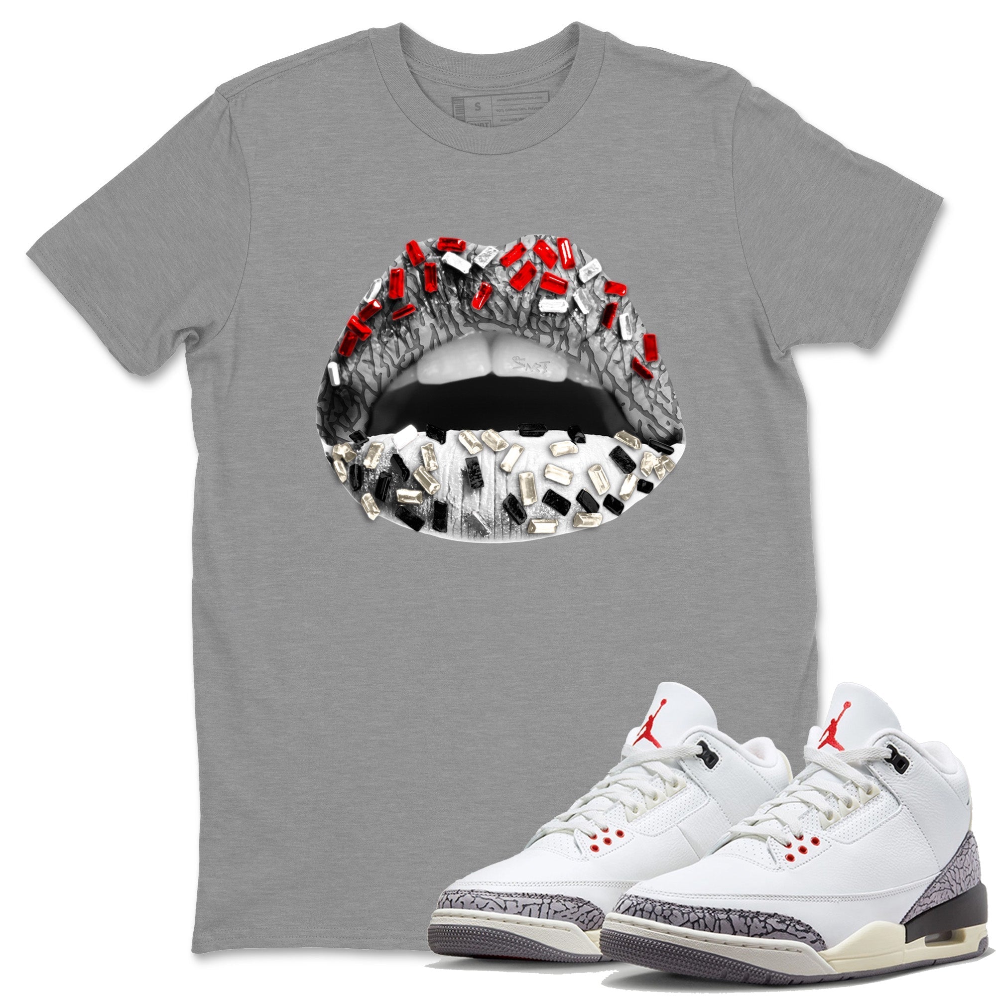 Air Jordan 3 White Cement Lips Jewel Crew Neck Sneaker Tees Air Jordan 3 Retro White Cement Sneaker T-Shirts Size Chart