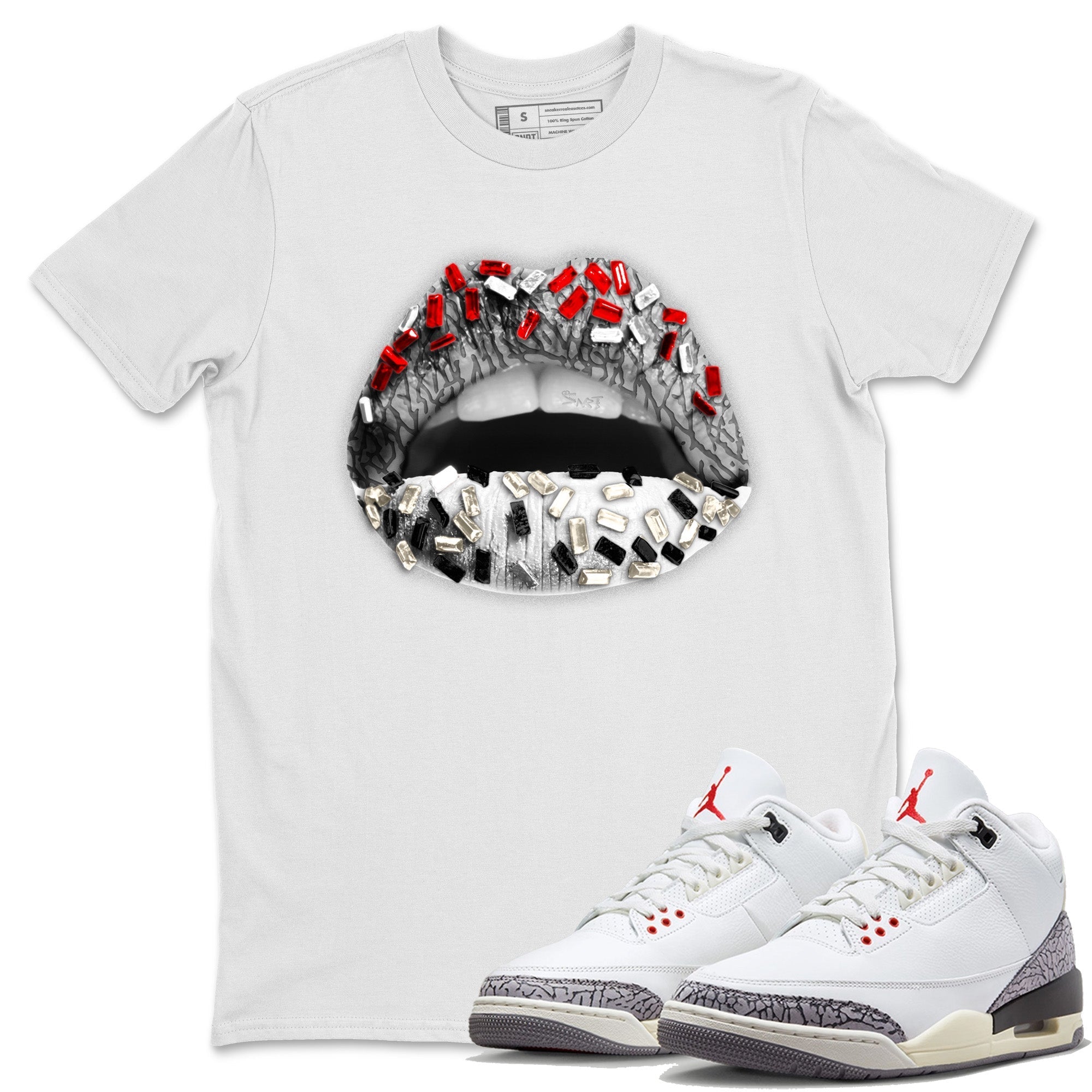 Air Jordan 3 White Cement Shirt To Match Jordans Lips Jewel Sneaker Tees Air Jordan 3 Retro White Cement Drip Gear Zone Sneaker Matching Clothing Unisex Shirts White 1