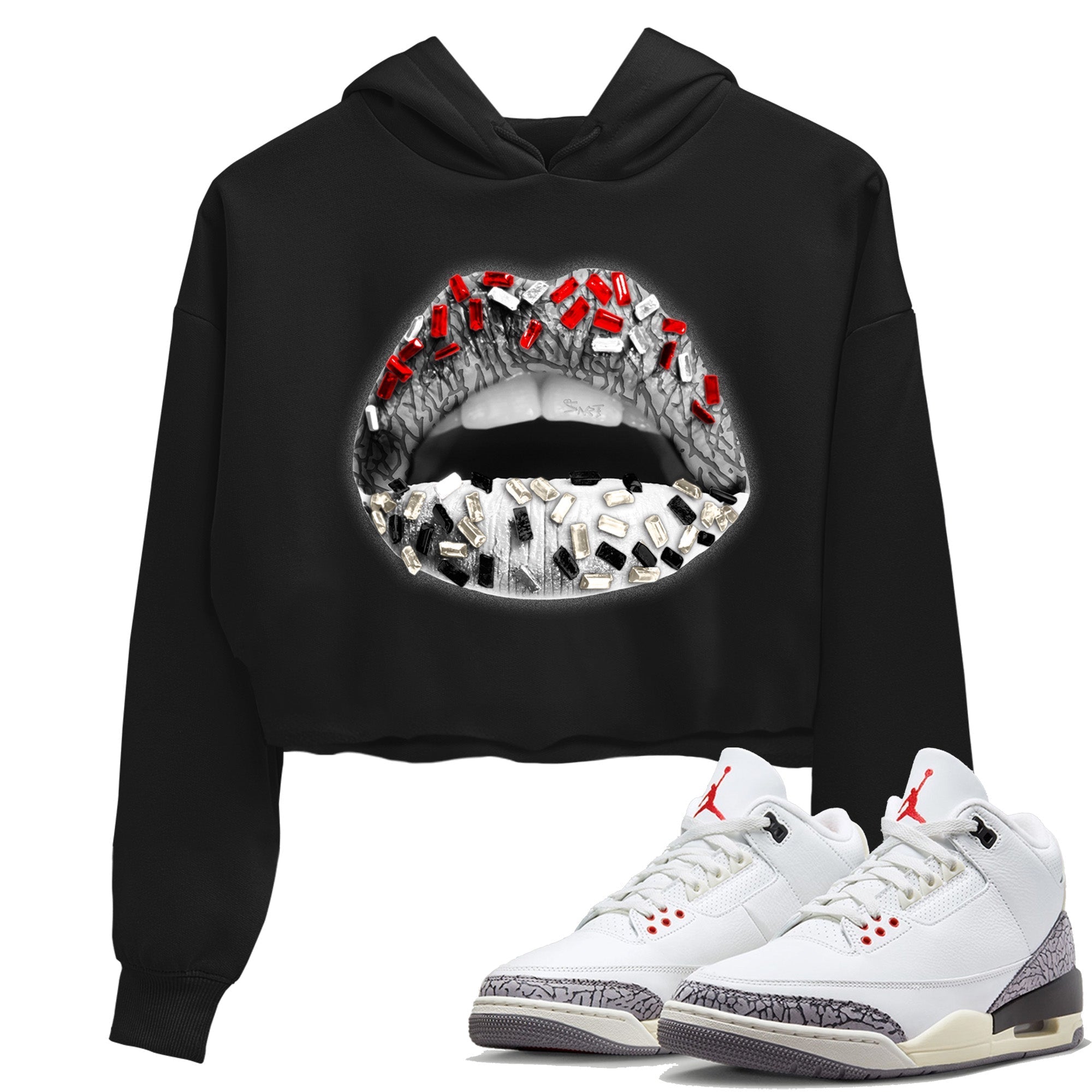 Air Jordan 3 White Cement Shirt To Match Jordans Lips Jewel Sneaker Tees Air Jordan 3 Retro White Cement Drip Gear Zone Sneaker Matching Clothing Women's Shirts Black 1
