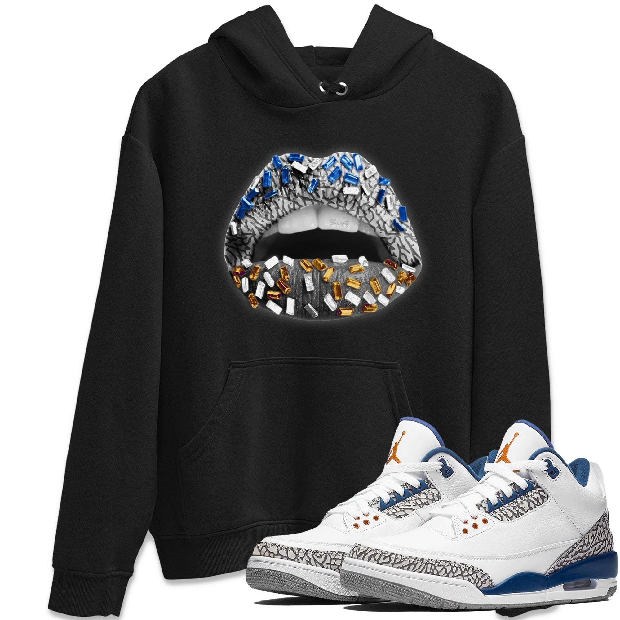 Air Jordan 3 Wizards Sneaker Match Tees Lips Jewel Streetwear Sneaker Shirt Air Jordan 3 Retro Wizards Sneaker Release Tees Unisex Shirts Black 1