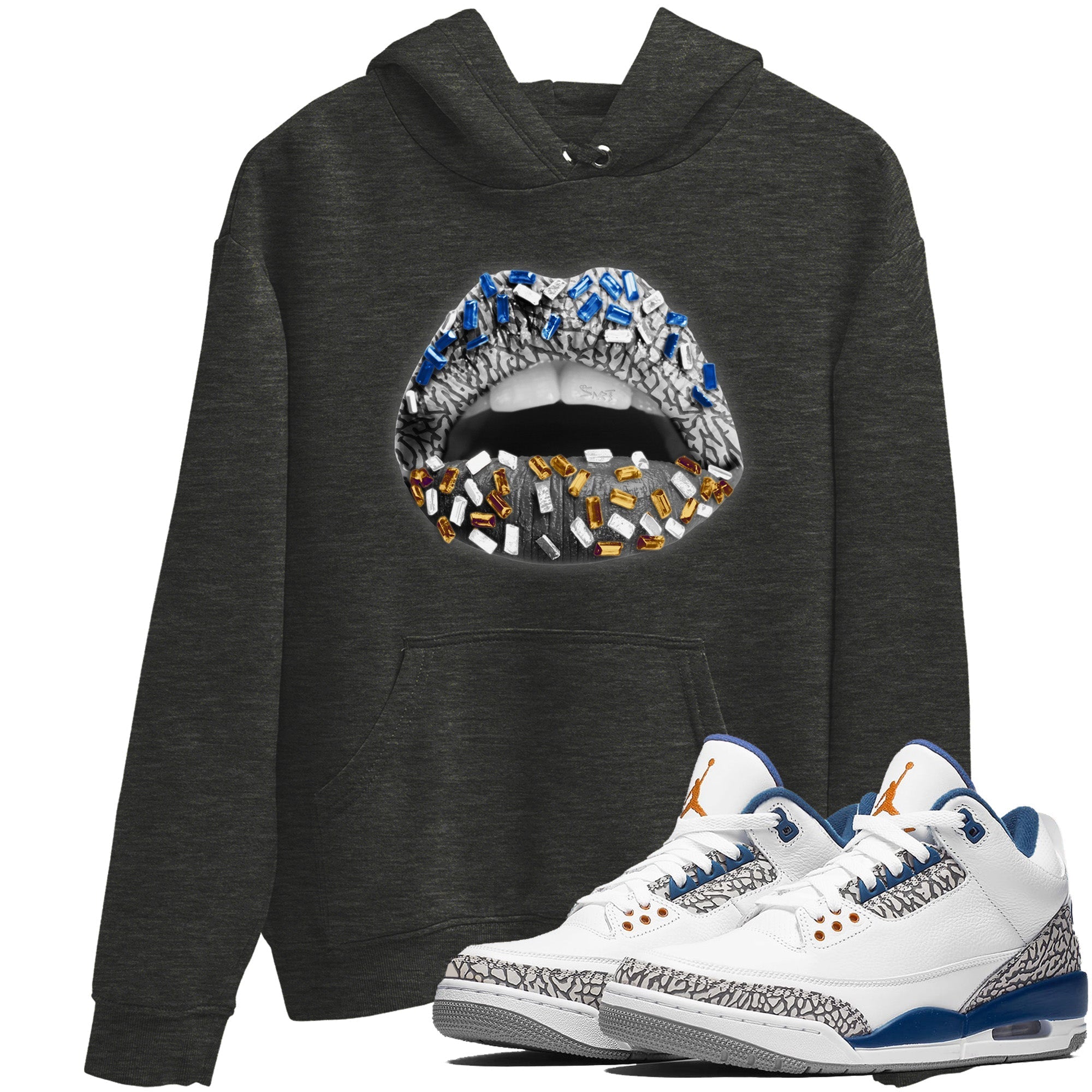 Air Jordan 3 Wizards Sneaker Match Tees Lips Jewel Streetwear Sneaker Shirt Air Jordan 3 Retro Wizards Sneaker Release Tees Unisex Shirts Charcoal Heather 1