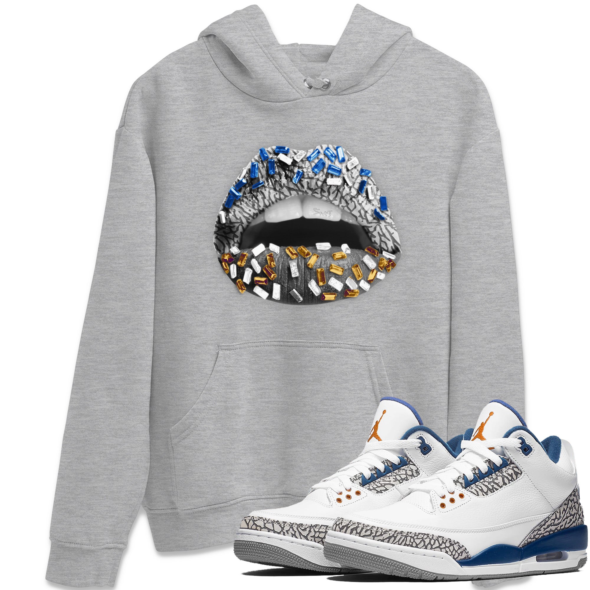 Air Jordan 3 Wizards Sneaker Match Tees Lips Jewel Streetwear Sneaker Shirt Air Jordan 3 Retro Wizards Sneaker Release Tees Unisex Shirts Heather Grey 1