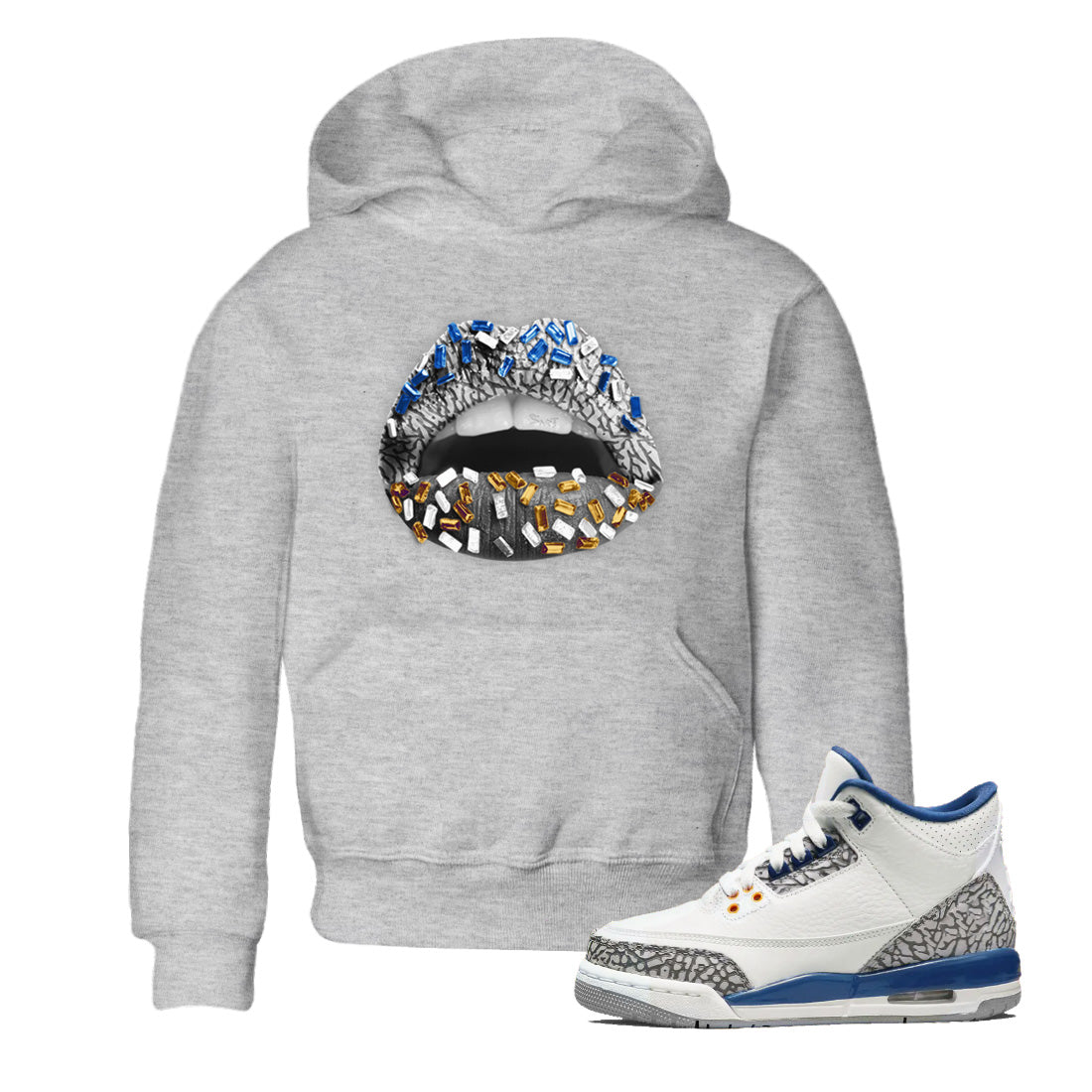 Air Jordan 3 Wizards Sneaker Match Tees Lips Jewel Streetwear Sneaker Shirt Air Jordan 3 Retro Wizards Sneaker Release Tees Kids Shirts Heather Grey 1