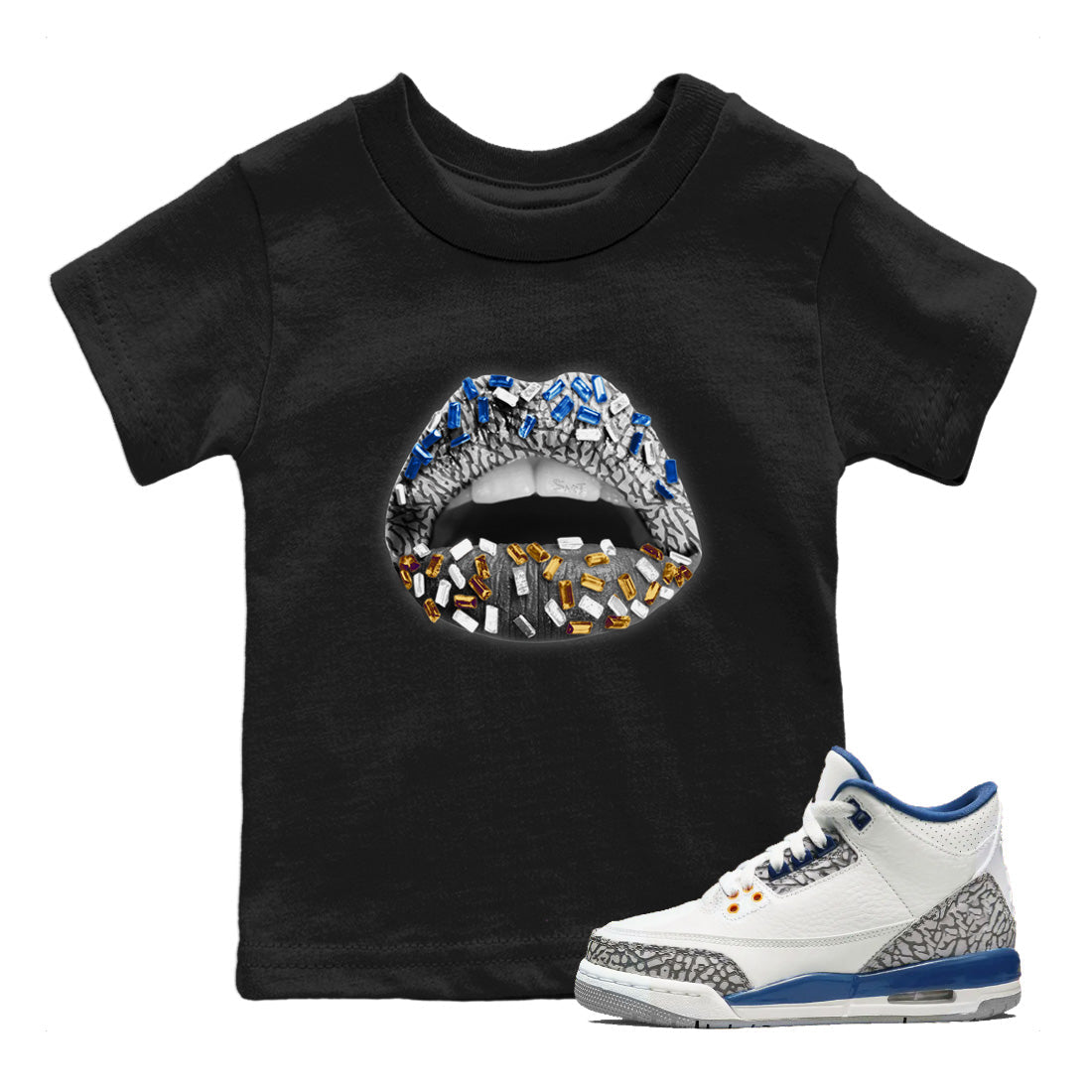 Air Jordan 3 Wizards Sneaker Match Tees Lips Jewel Streetwear Sneaker Shirt Air Jordan 3 Retro Wizards Sneaker Release Tees Kids Shirts Black 1