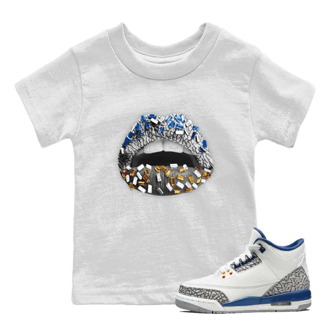 Air Jordan 3 Wizards Sneaker Match Tees Lips Jewel Streetwear Sneaker Shirt Air Jordan 3 Retro Wizards Sneaker Release Tees Kids Shirts White 1