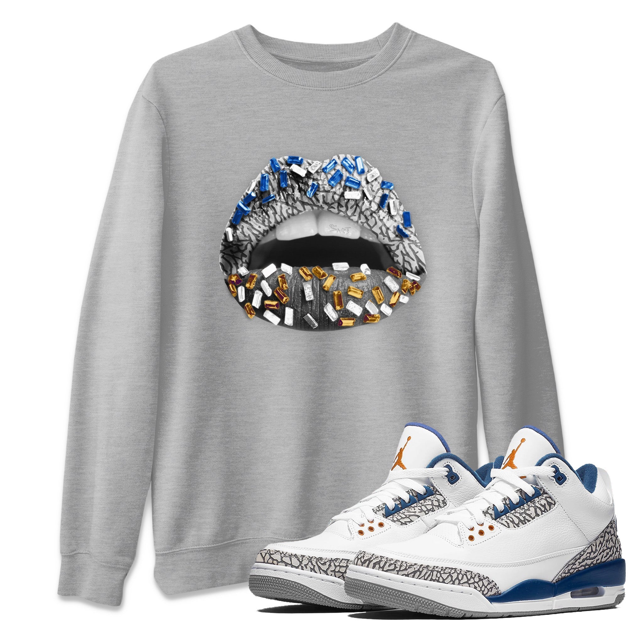Air Jordan 3 Wizards Sneaker Match Tees Lips Jewel Streetwear Sneaker Shirt Air Jordan 3 Retro Wizards Sneaker Release Tees Unisex Shirts Heather Grey 1
