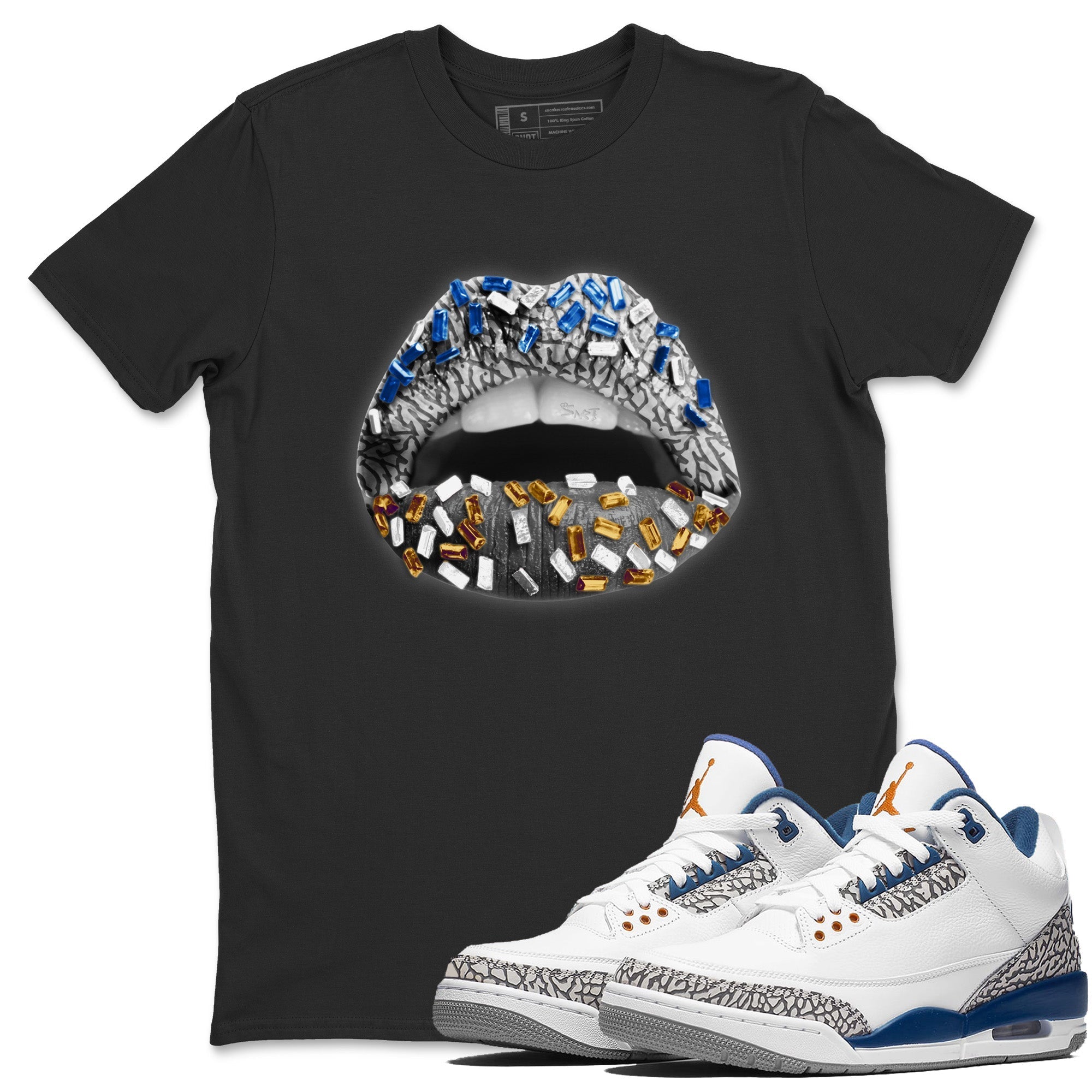 Air Jordan 3 Wizards Sneaker Match Tees Lips Jewel Streetwear Sneaker Shirt Air Jordan 3 Retro Wizards Sneaker Release Tees Unisex Shirts Black 1