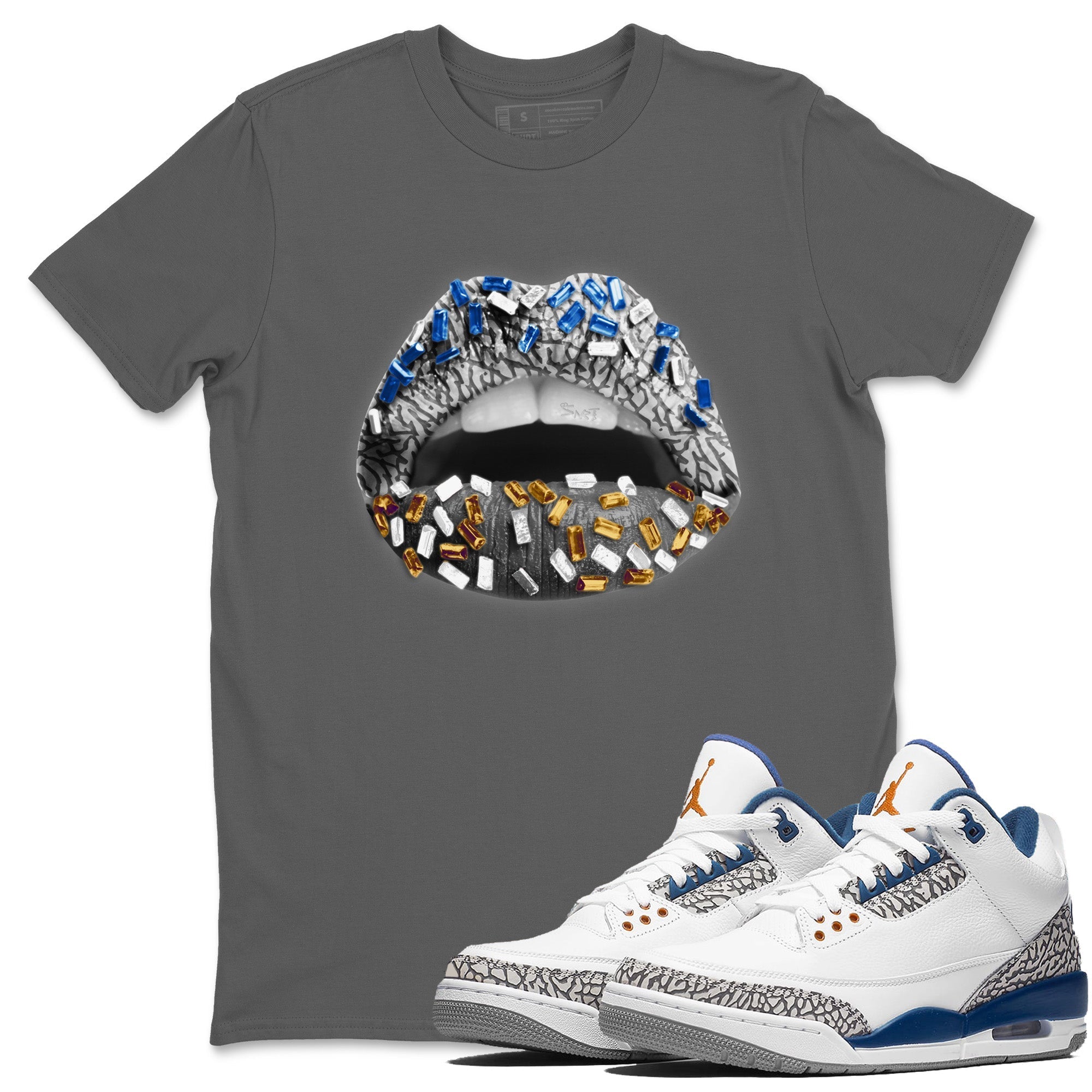 Air Jordan 3 Wizards Lips Jewel Crew Neck Streetwear Sneaker Shirt Air Jordan 3 Retro Wizards Sneaker T-Shirts Washing and Care Tip
