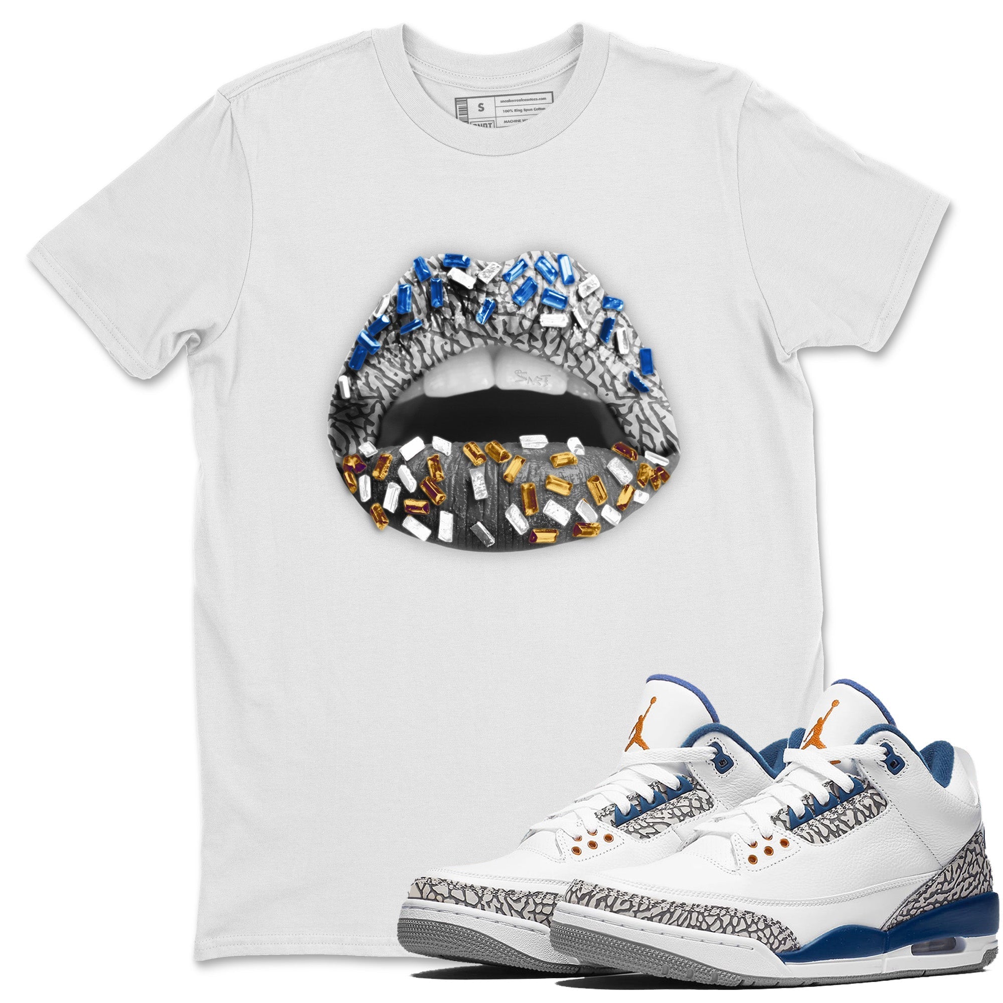 Air Jordan 3 Wizards Sneaker Match Tees Lips Jewel Streetwear Sneaker Shirt Air Jordan 3 Retro Wizards Sneaker Release Tees Unisex Shirts White 1