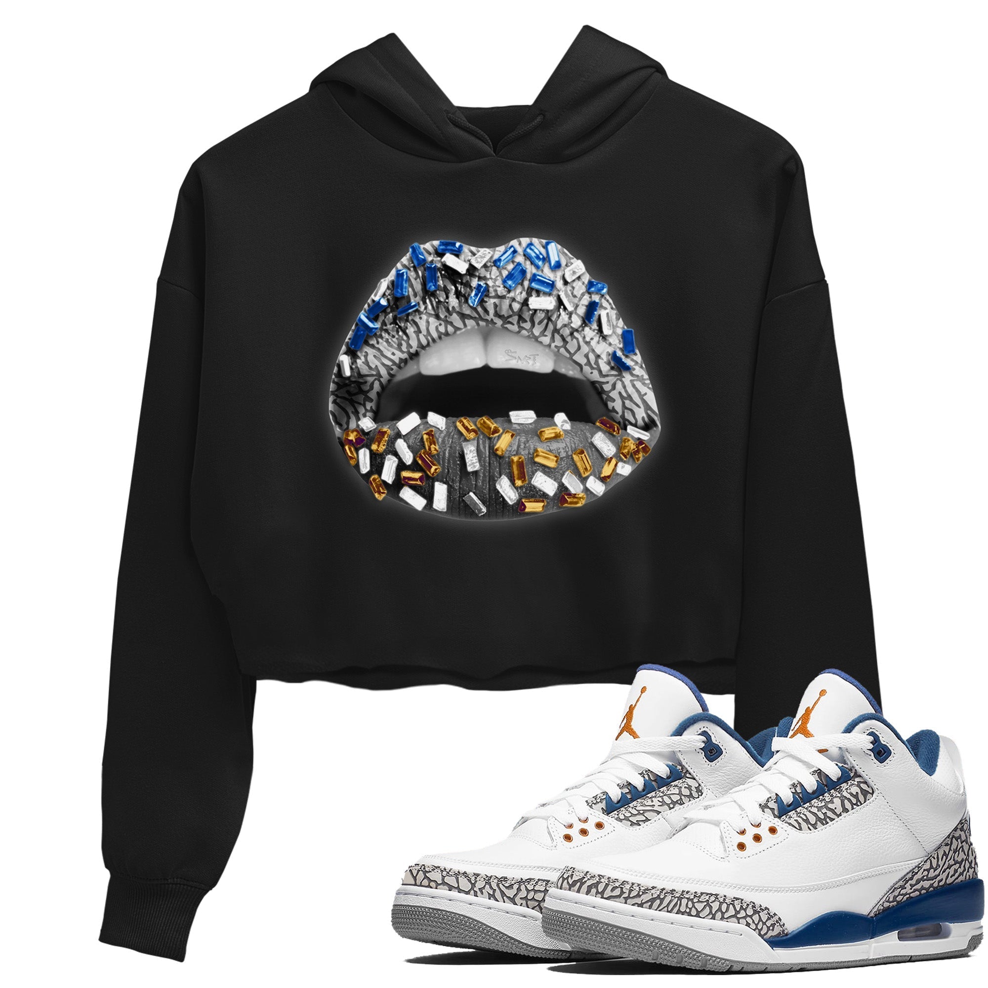 Air Jordan 3 Wizards Sneaker Match Tees Lips Jewel Streetwear Sneaker Shirt Air Jordan 3 Retro Wizards Sneaker Release Tees Women's Shirts Black 1