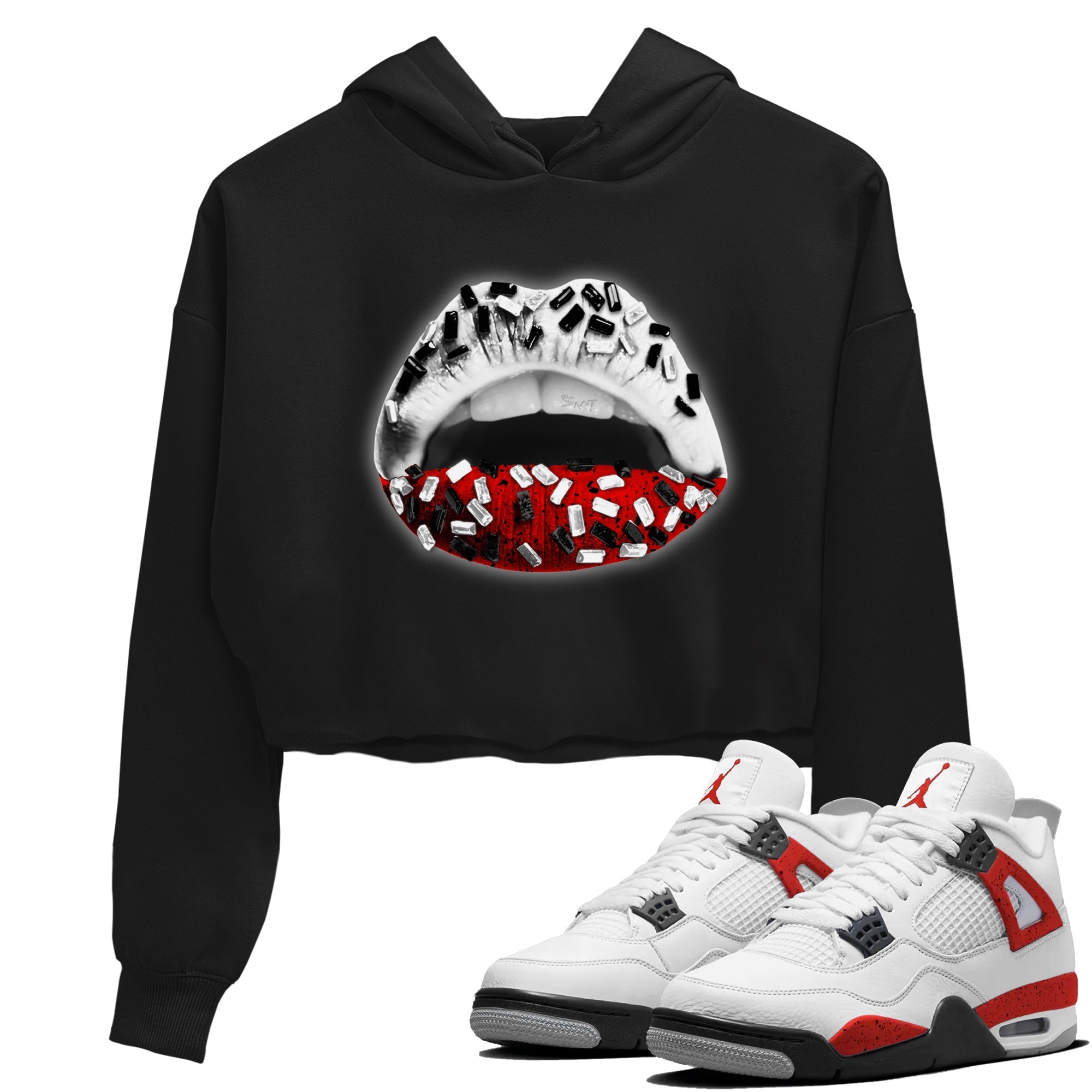 Air Jordan 4 Red Cement Sneaker Match Tees Lips Jewel Streetwear Sneaker Shirt Air Jordan 4 Retro Red Cement Drip Gear Zone Sneaker Matching Clothing Women's Shirts Black 1