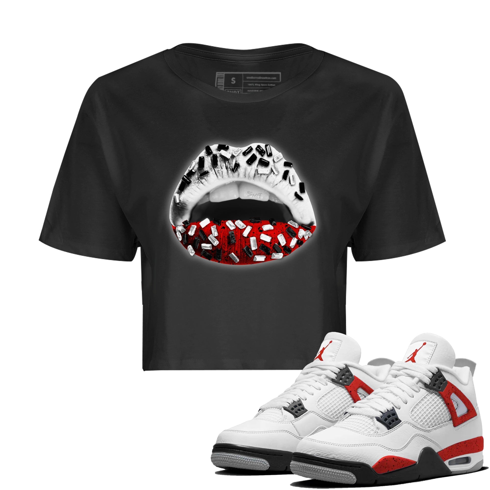 Air Jordan 4 Red Cement Sneaker Match Tees Lips Jewel Streetwear Sneaker Shirt Air Jordan 4 Retro Red Cement Drip Gear Zone Sneaker Matching Clothing Women's Shirts Black 1