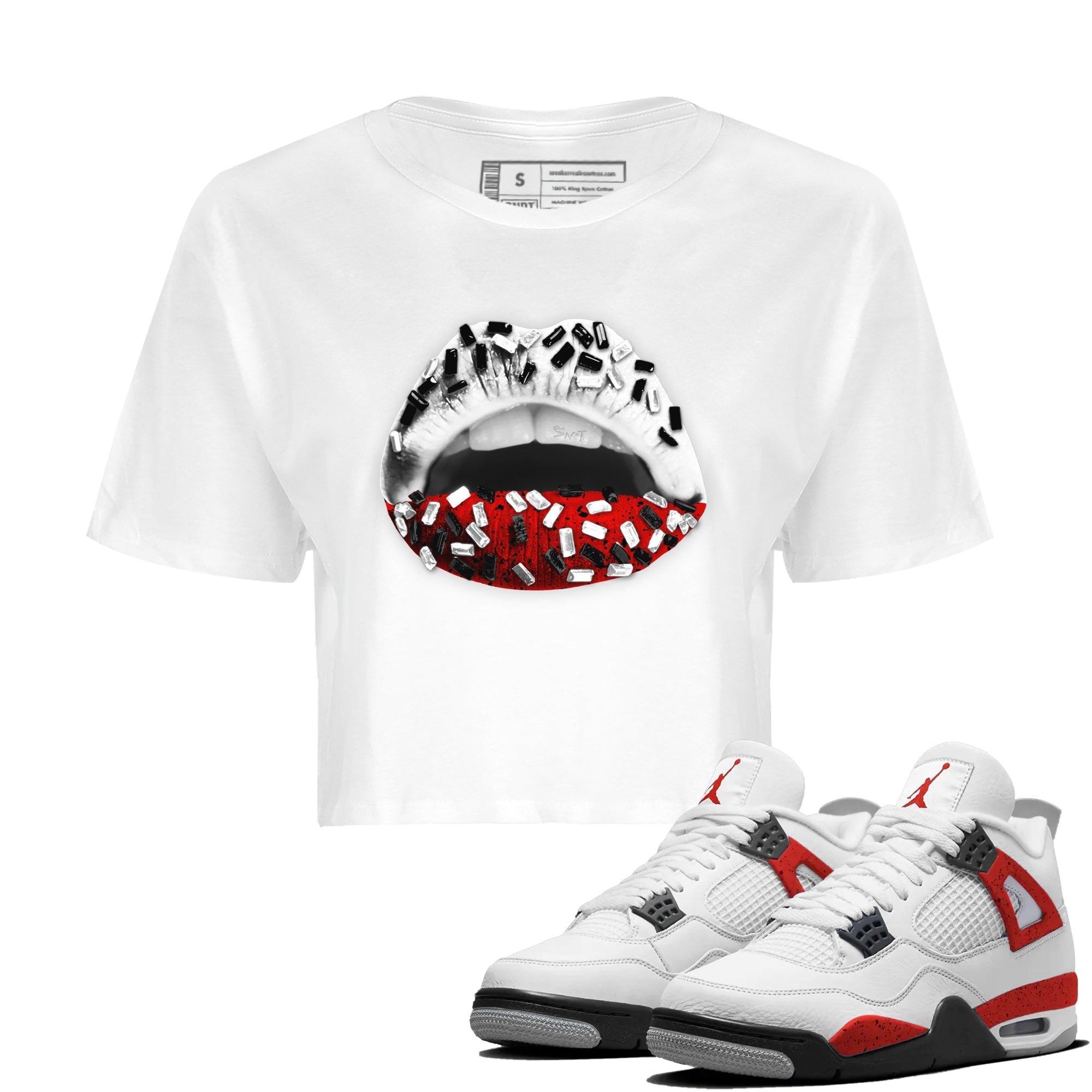 Air Jordan 4 Red Cement Sneaker Match Tees Lips Jewel Streetwear Sneaker Shirt Air Jordan 4 Retro Red Cement Drip Gear Zone Sneaker Matching Clothing Women's Shirts White 1