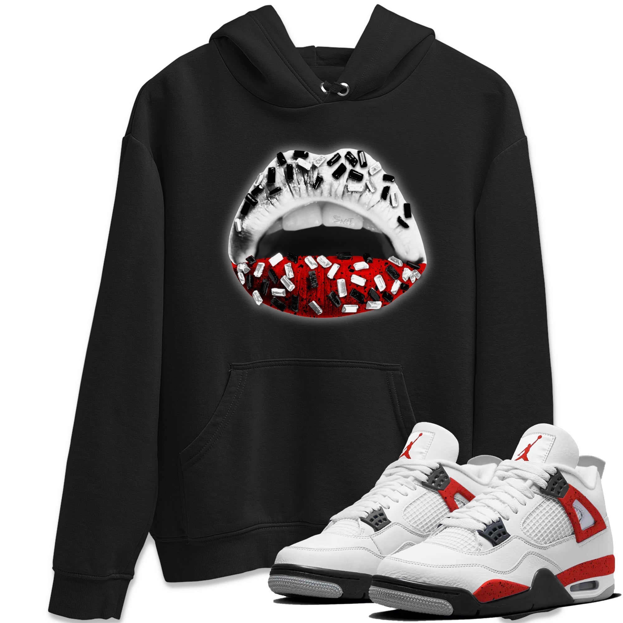 Air Jordan 4 Red Cement Sneaker Match Tees Lips Jewel Streetwear Sneaker Shirt Air Jordan 4 Retro Red Cement Drip Gear Zone Sneaker Matching Clothing Unisex Shirts Black 1