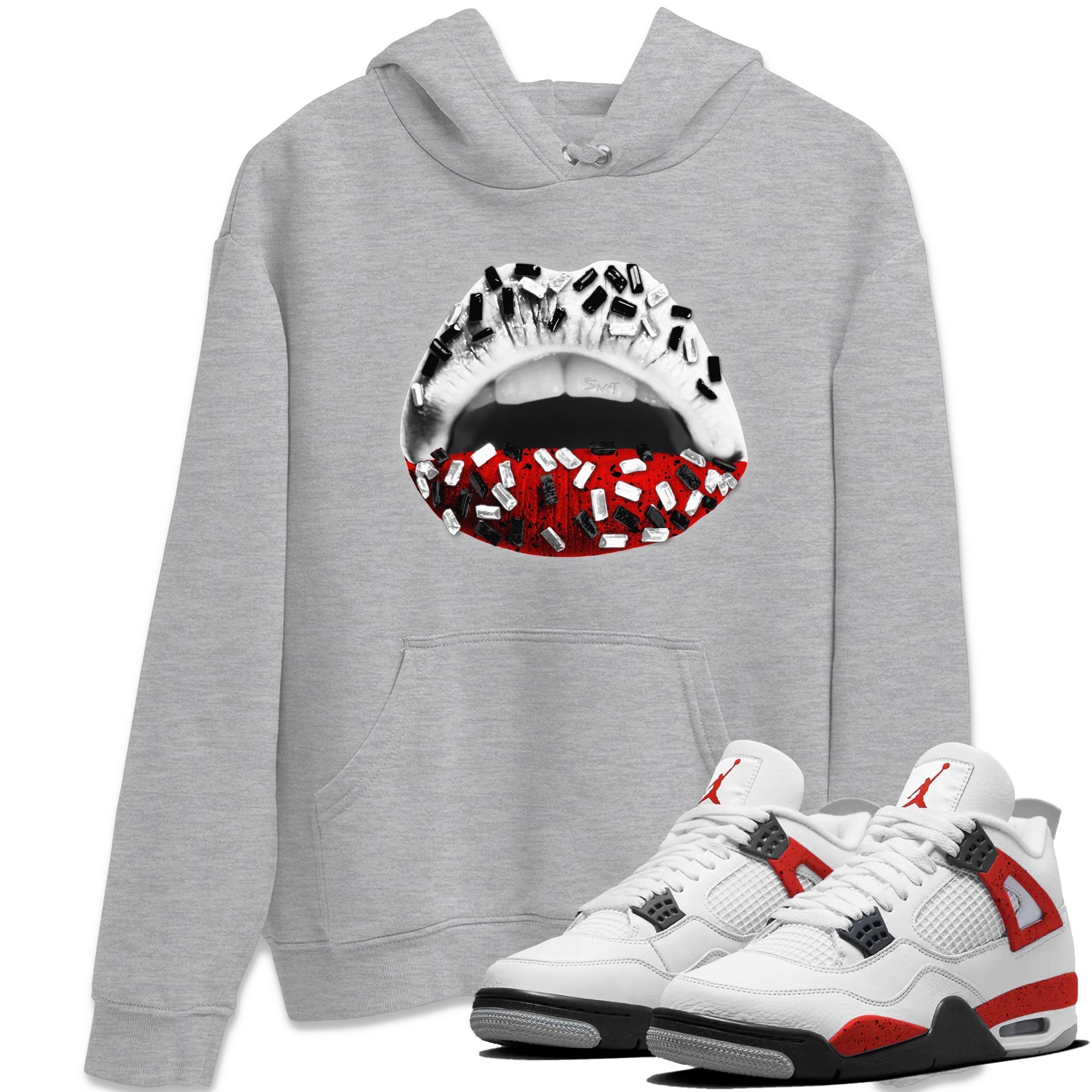 Air Jordan 4 Red Cement Sneaker Match Tees Lips Jewel Streetwear Sneaker Shirt Air Jordan 4 Retro Red Cement Drip Gear Zone Sneaker Matching Clothing Unisex Shirts Heather Grey 1