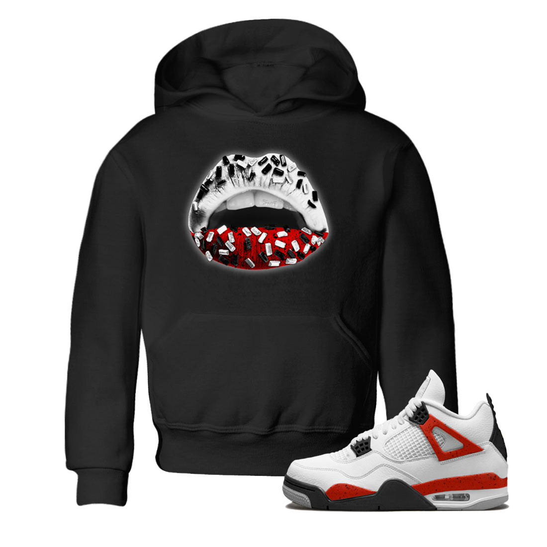 Air Jordan 4 Red Cement Sneaker Match Tees Lips Jewel Streetwear Sneaker Shirt Air Jordan 4 Retro Red Cement Drip Gear Zone Sneaker Matching Clothing Kids Shirts Black 1