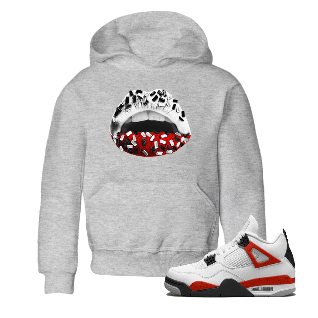 Air Jordan 4 Red Cement Sneaker Match Tees Lips Jewel Streetwear Sneaker Shirt Air Jordan 4 Retro Red Cement Drip Gear Zone Sneaker Matching Clothing Kids Shirts Heather Grey 1