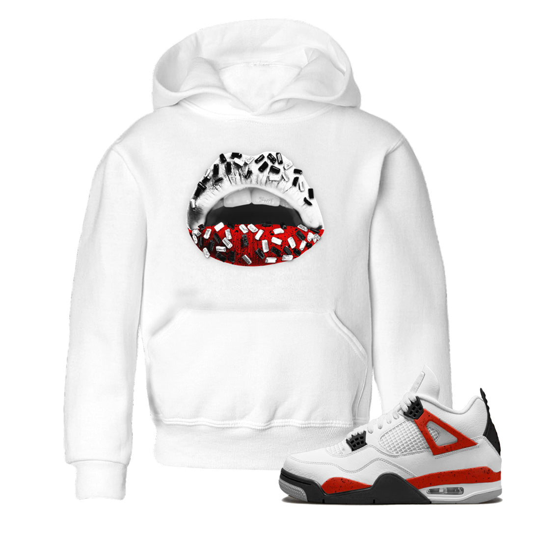 Air Jordan 4 Red Cement Sneaker Match Tees Lips Jewel Streetwear Sneaker Shirt Air Jordan 4 Retro Red Cement Drip Gear Zone Sneaker Matching Clothing Kids Shirts White 1