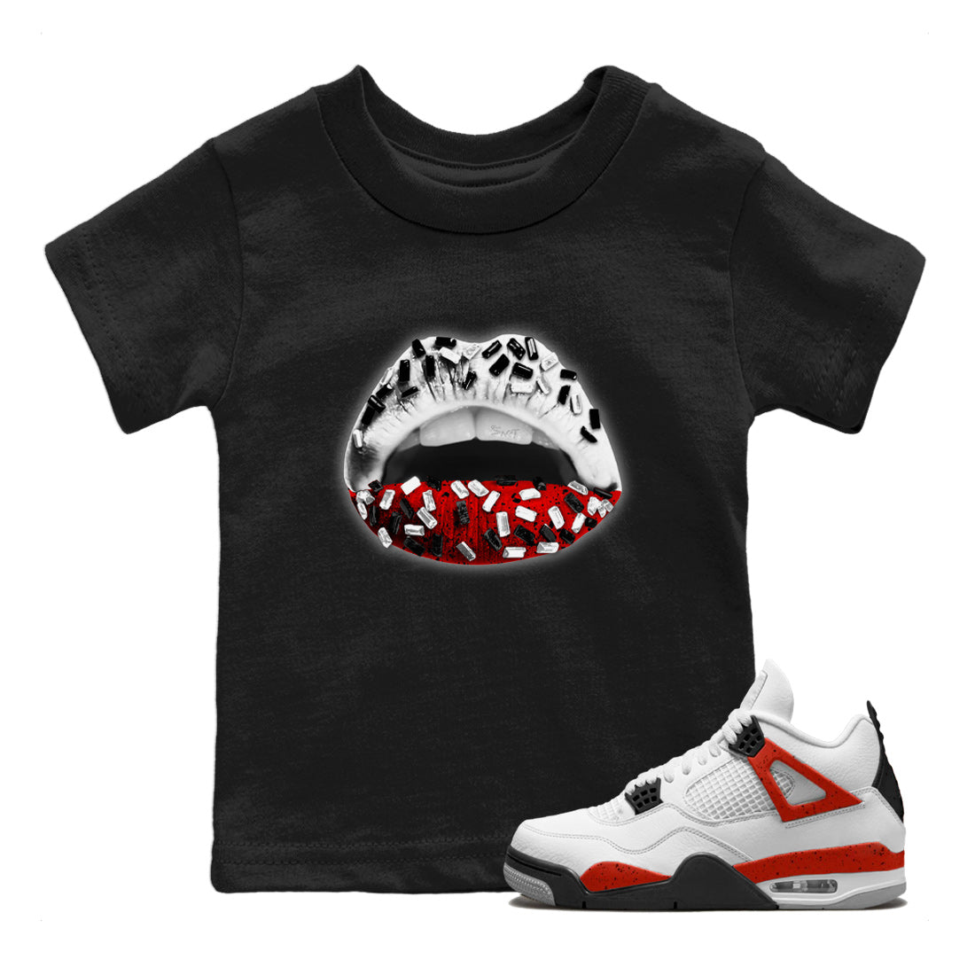 Air Jordan 4 Red Cement Sneaker Match Tees Lips Jewel Streetwear Sneaker Shirt Air Jordan 4 Retro Red Cement Drip Gear Zone Sneaker Matching Clothing Kids Shirts Black 1