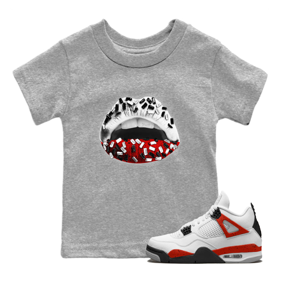 Air Jordan 4 Red Cement Sneaker Match Tees Lips Jewel Streetwear Sneaker Shirt Air Jordan 4 Retro Red Cement Drip Gear Zone Sneaker Matching Clothing Kids Shirts Heather Grey 1
