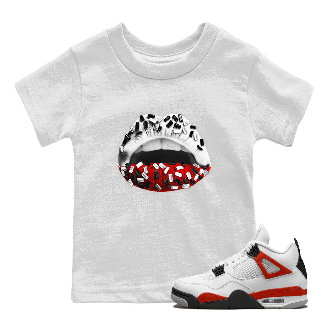 Air Jordan 4 Red Cement Sneaker Match Tees Lips Jewel Streetwear Sneaker Shirt Air Jordan 4 Retro Red Cement Drip Gear Zone Sneaker Matching Clothing Kids Shirts White 1