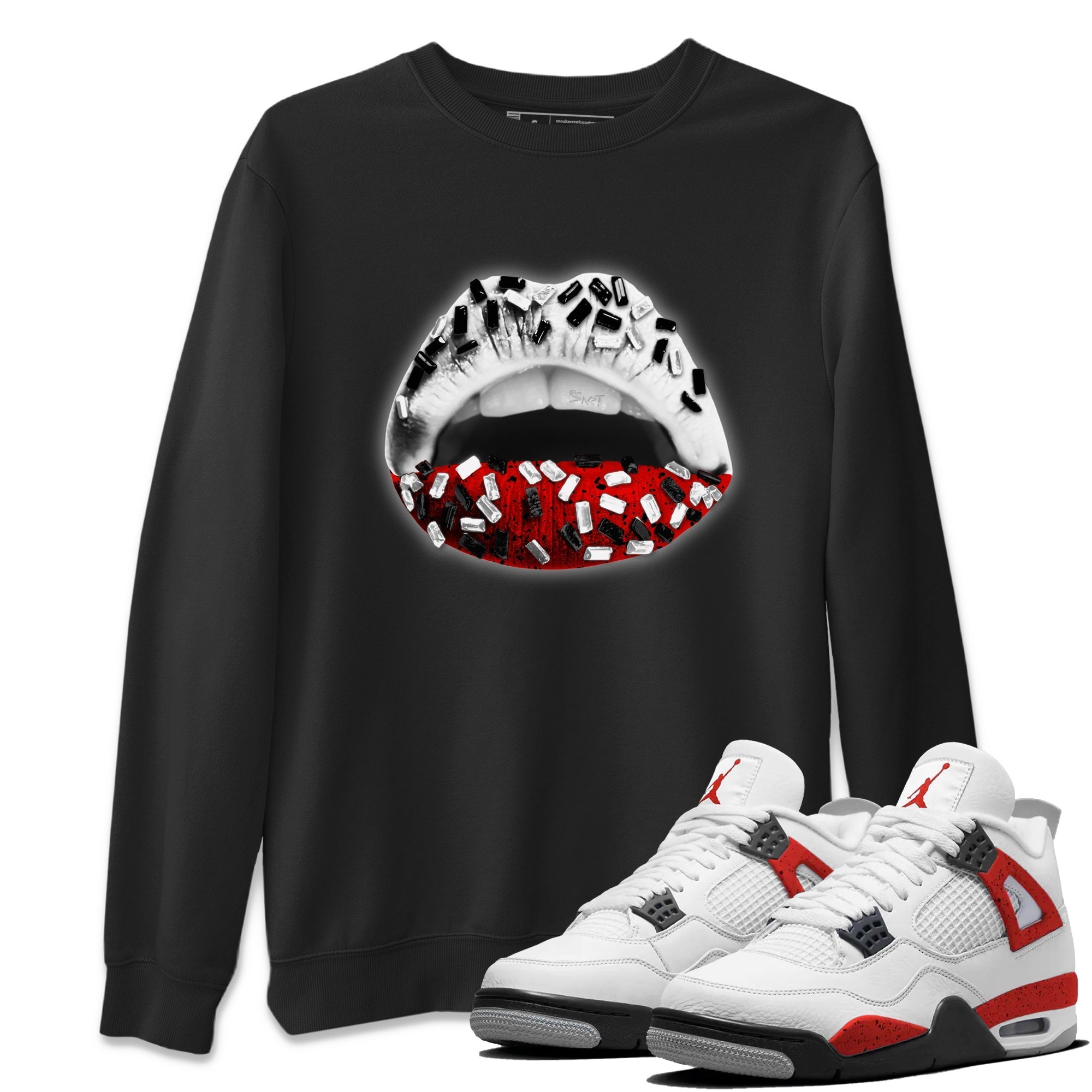 Air Jordan 4 Red Cement Sneaker Match Tees Lips Jewel Streetwear Sneaker Shirt Air Jordan 4 Retro Red Cement Drip Gear Zone Sneaker Matching Clothing Unisex Shirts Black 1