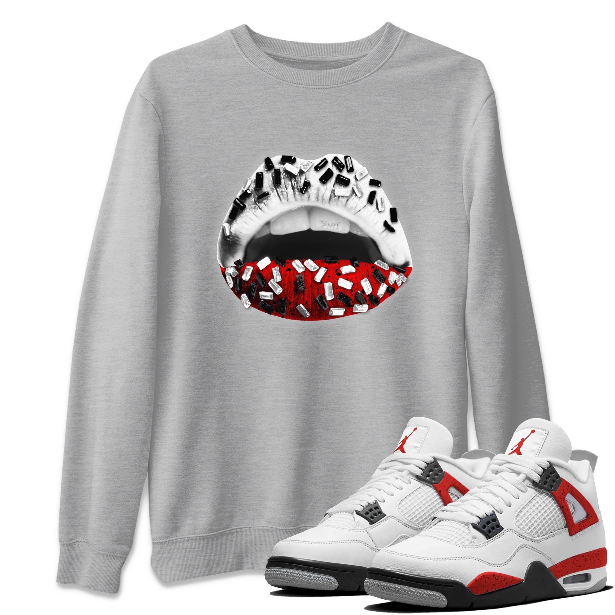 Air Jordan 4 Red Cement Sneaker Match Tees Lips Jewel Streetwear Sneaker Shirt Air Jordan 4 Retro Red Cement Drip Gear Zone Sneaker Matching Clothing Unisex Shirts Heather Grey 1
