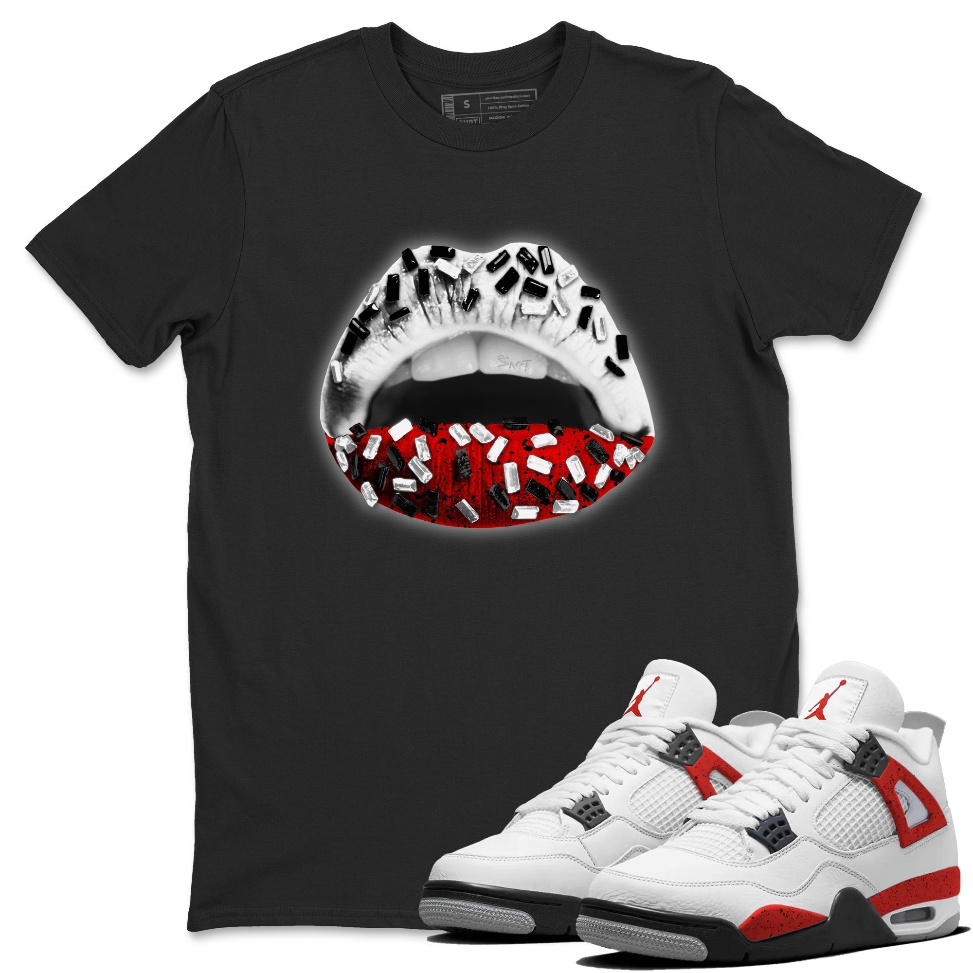 Air Jordan 4 Red Cement Sneaker Match Tees Lips Jewel Streetwear Sneaker Shirt Air Jordan 4 Retro Red Cement Drip Gear Zone Sneaker Matching Clothing Unisex Shirts Black 1