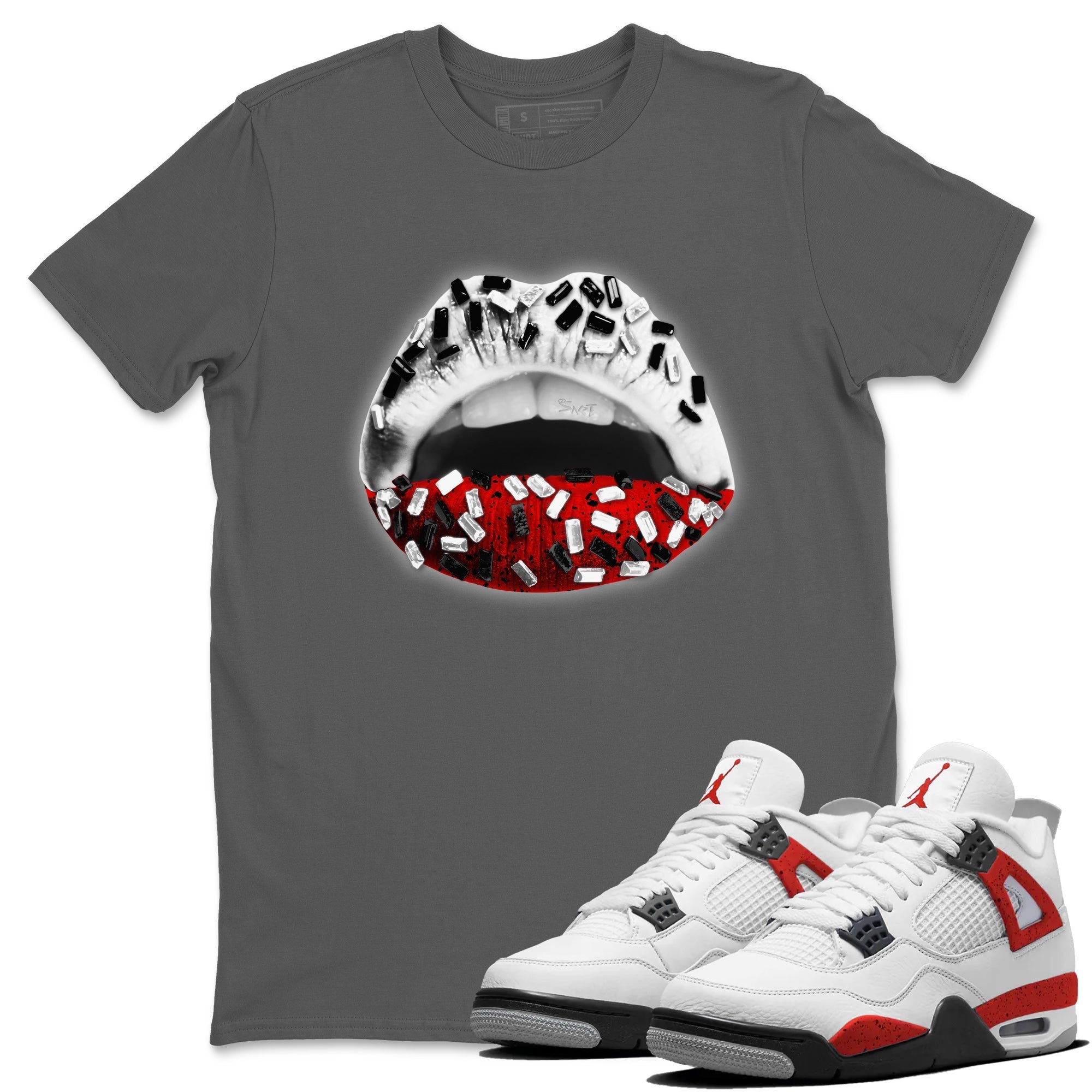 Air Jordan 4 Red Cement Sneaker Match Tees Lips Jewel Streetwear Sneaker Shirt Air Jordan 4 Retro Red Cement Drip Gear Zone Sneaker Matching Clothing Unisex Shirts Cool Grey 1