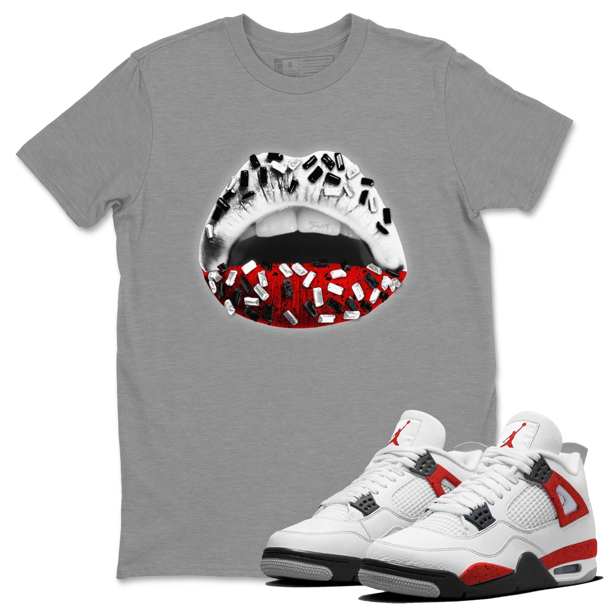 Air Jordan 4 Red Cement Sneaker Match Tees Lips Jewel Streetwear Sneaker Shirt Air Jordan 4 Retro Red Cement Drip Gear Zone Sneaker Matching Clothing Unisex Shirts Heather Grey 1