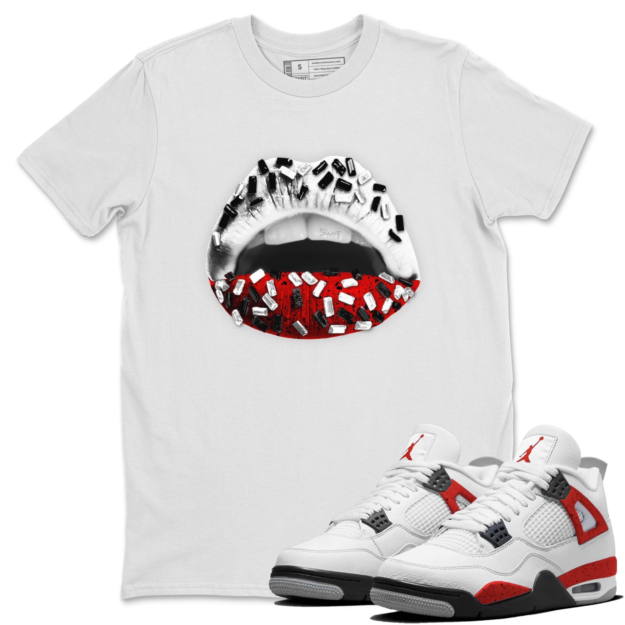 Air Jordan 4 Red Cement Sneaker Match Tees Lips Jewel Streetwear Sneaker Shirt Air Jordan 4 Retro Red Cement Drip Gear Zone Sneaker Matching Clothing Unisex Shirts White 1