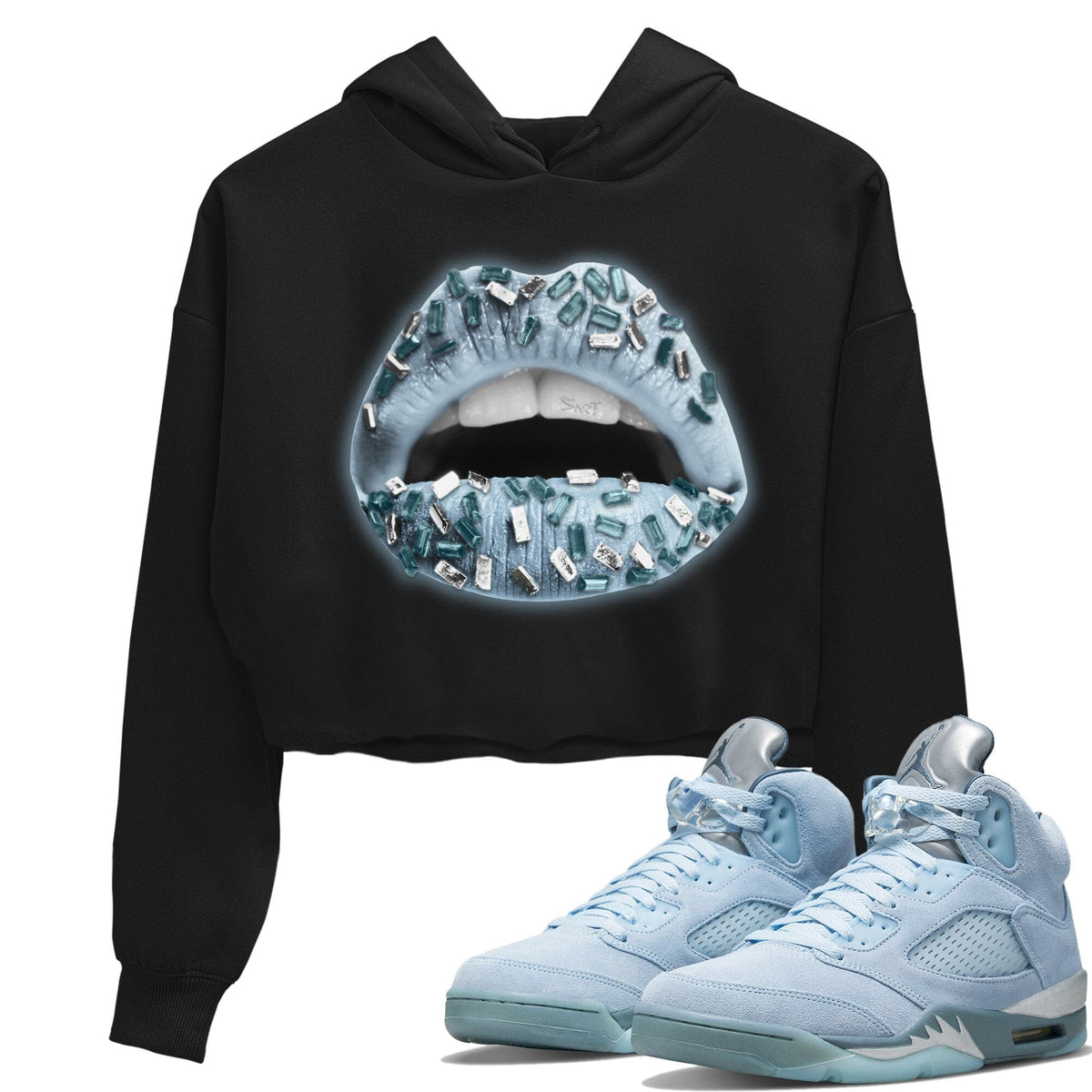 Jordan 5 Blue Bird Sneaker Matching T-Shirt Lips Jewel Sneaker Tees Jordan 5 Blue Bird Sneaker Release Tees Women's Shirts