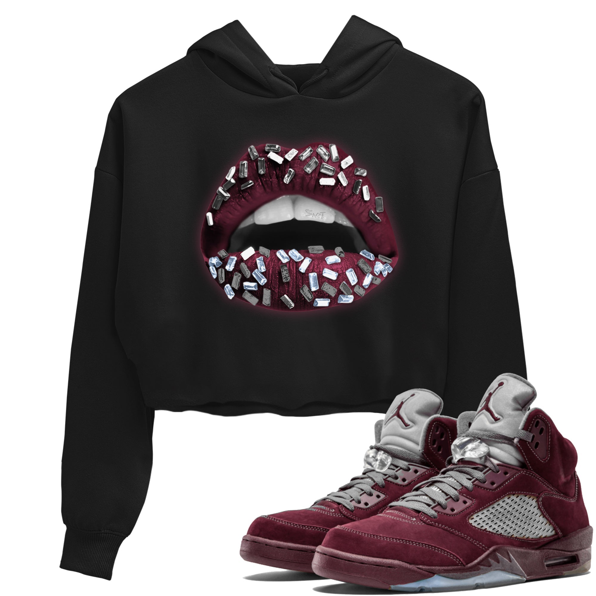 Air Jordan 5 Burgundy Sneaker Match Tees Lips Jewel Streetwear Sneaker Shirt AJ5 Burgundy Sneaker Release Tees Women's Shirts Black 1