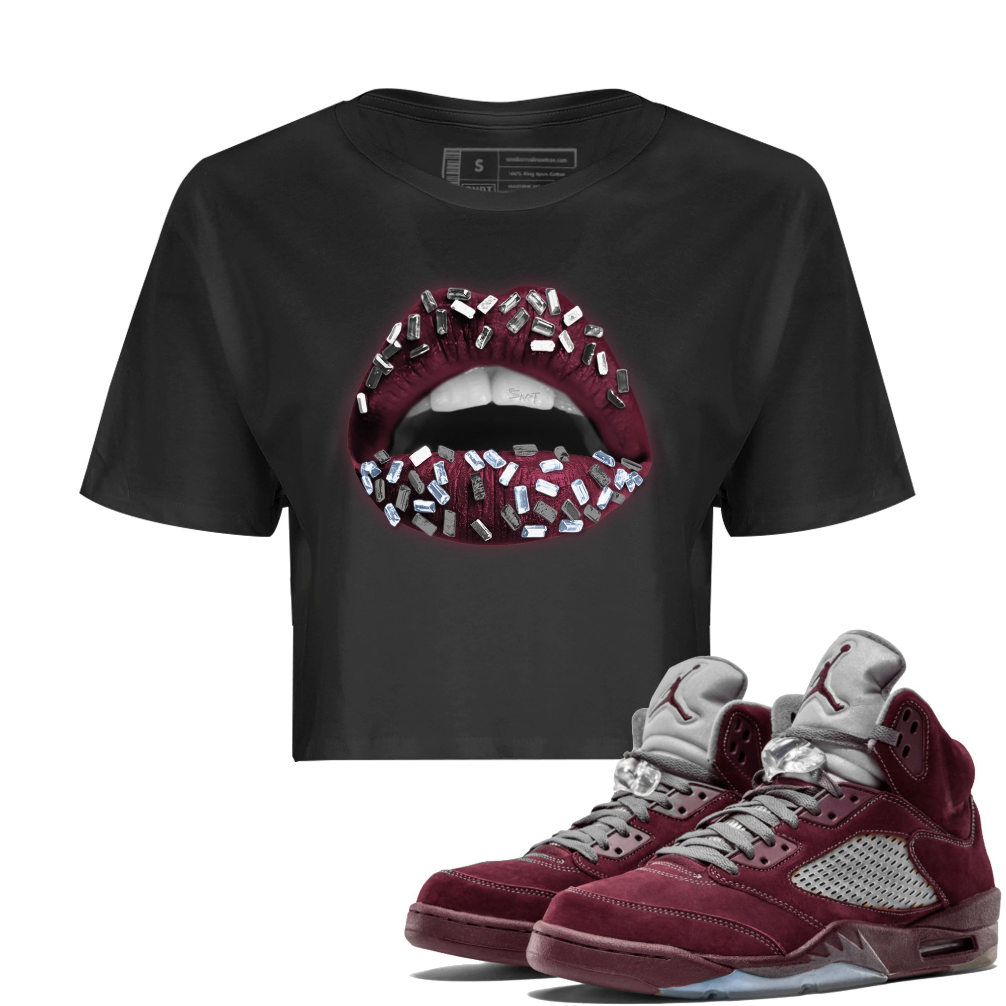 Air Jordan 5 Burgundy Sneaker Match Tees Lips Jewel Streetwear Sneaker Shirt AJ5 Burgundy Sneaker Release Tees Women's Shirts Black 1